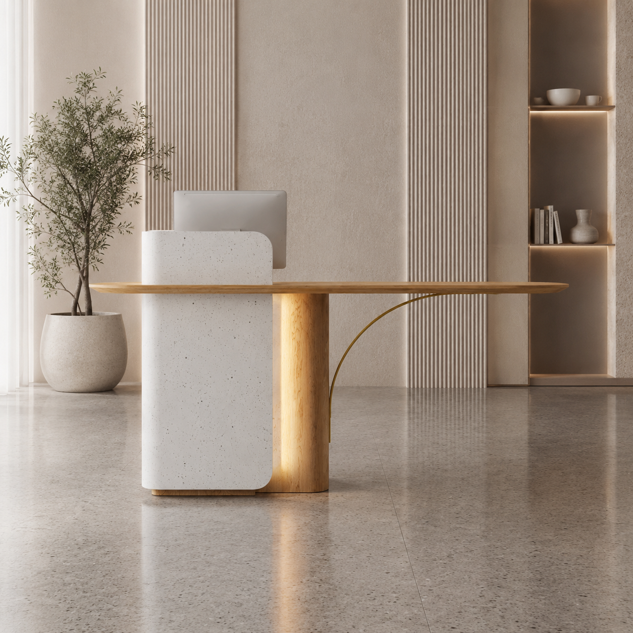Modern Reception Desk with Side Counter and Curved Accent Support RD-323