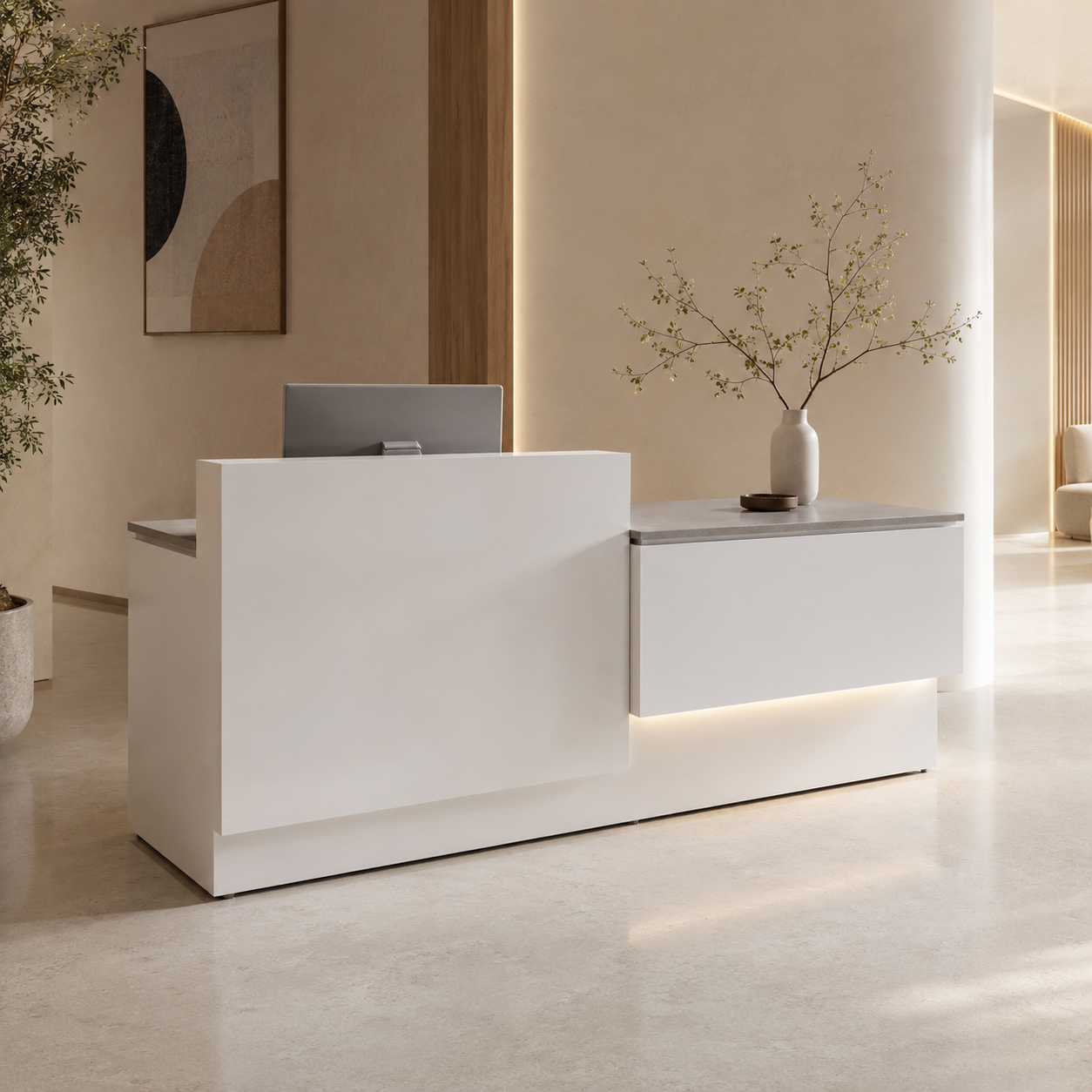 Modern Reception Desk with Side Display Counter and Stone Texture Top RD-318