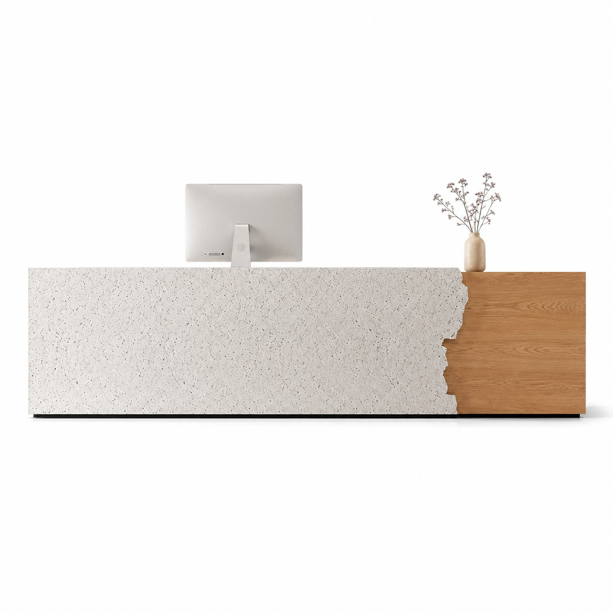Modern Reception Desk with Speckled Stone Texture Front and Wood Accent RD-322