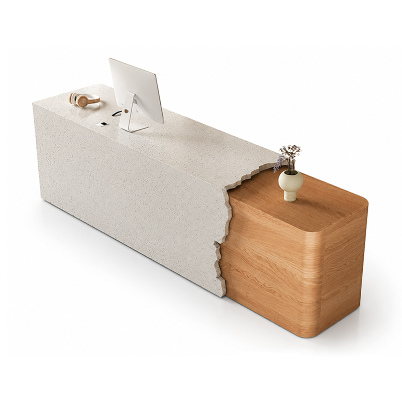 Modern Reception Desk with Speckled Stone Texture Front and Wood Accent RD-322