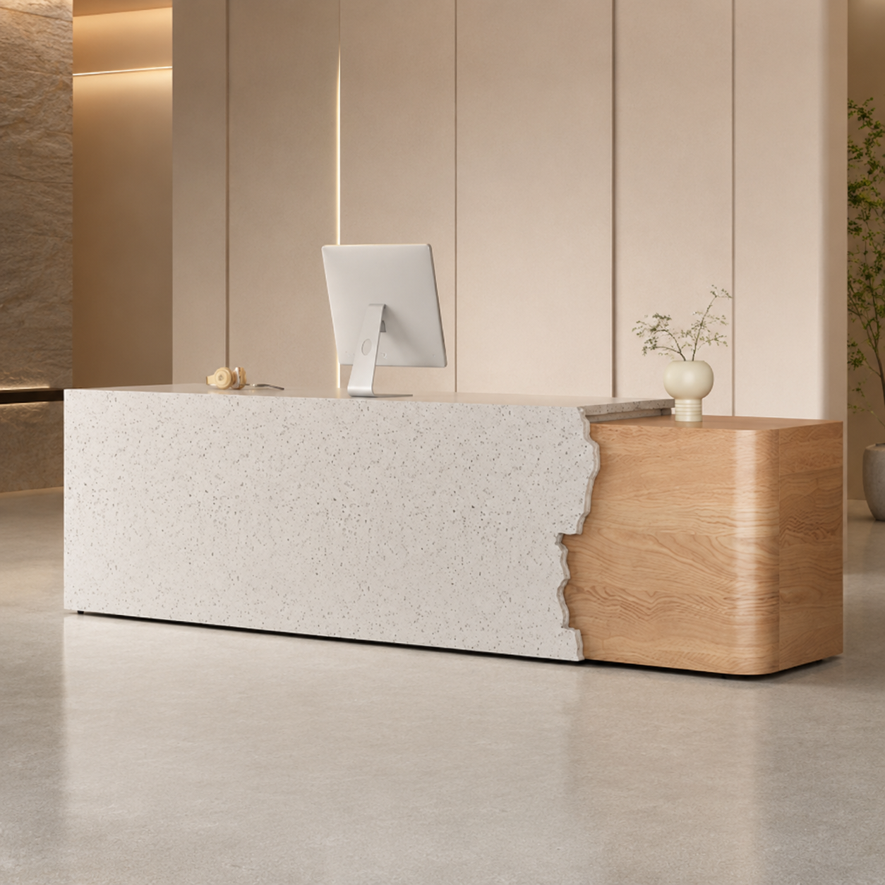 Modern Reception Desk with Speckled Stone Texture Front and Wood Accent RD-322