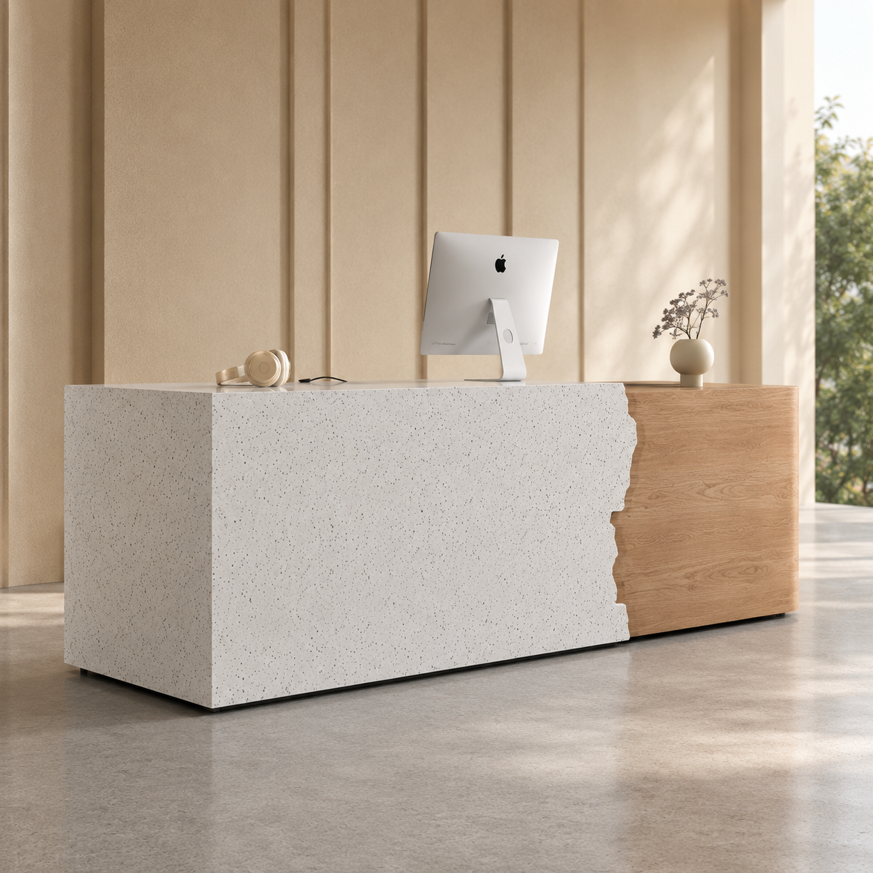 Modern Reception Desk with Speckled Stone Texture Front and Wood Accent RD-322