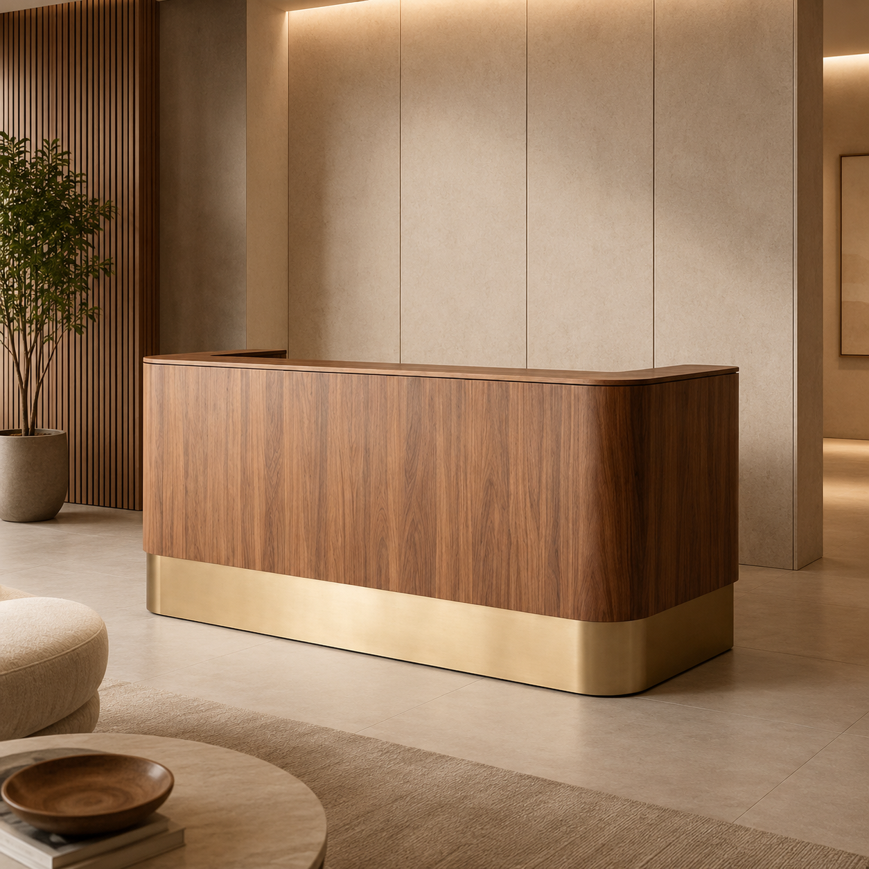 Modern Reception Desk with Wood Grain Front and Stainless Steel Base RD-329