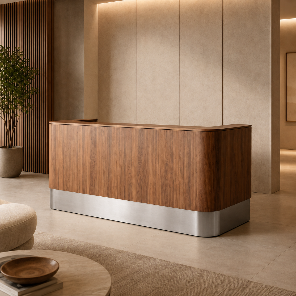 Modern Reception Desk with Wood Grain Front and Stainless Steel Base RD-329