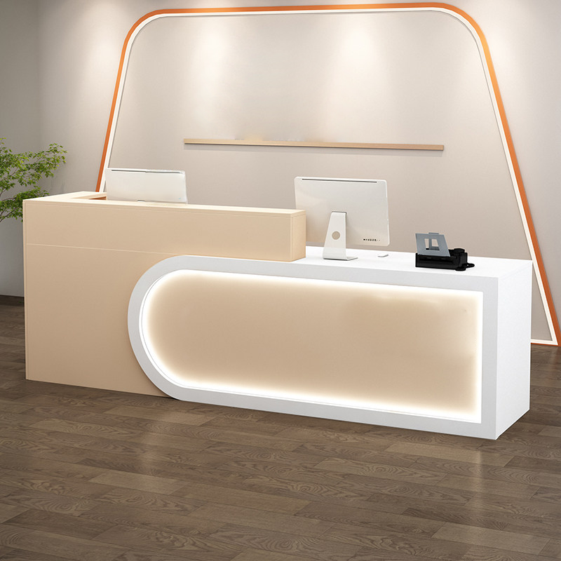 Modern U-shaped Beige + White Reception Desk With LED Linght for Lobby