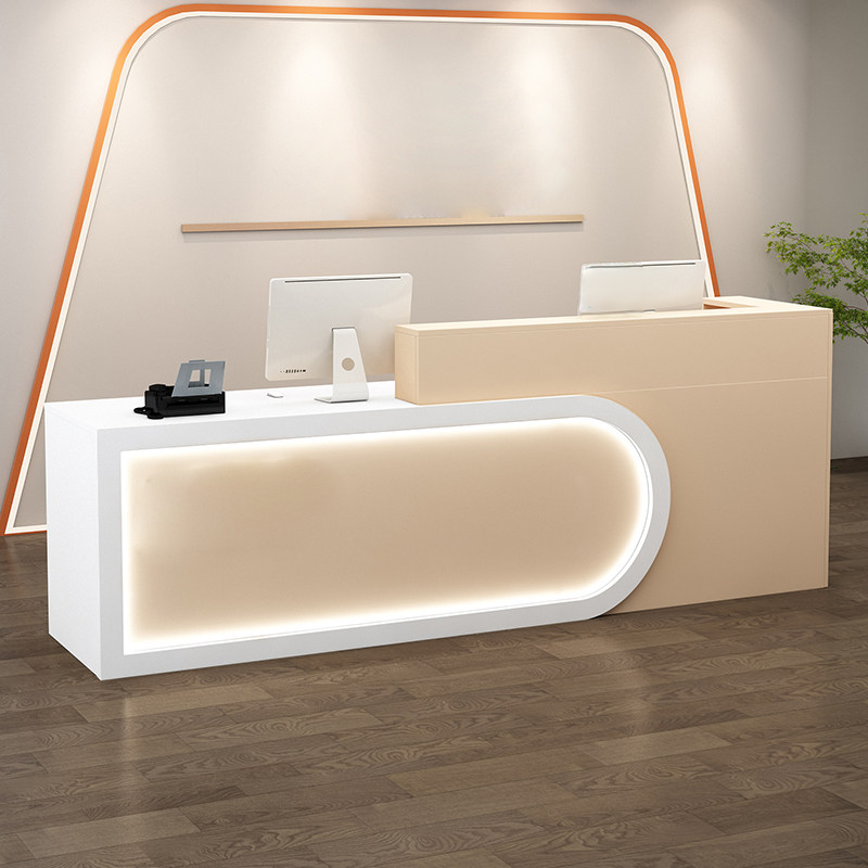 Modern U-shaped Beige + White Reception Desk With LED Linght for Salon