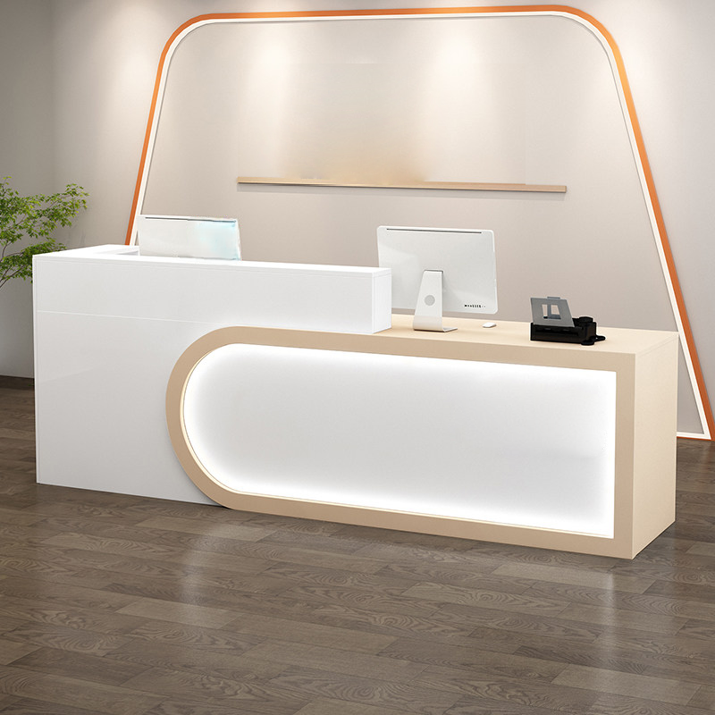 Modern U-shaped White + Beige Reception Desk With LED Linght for Lobby