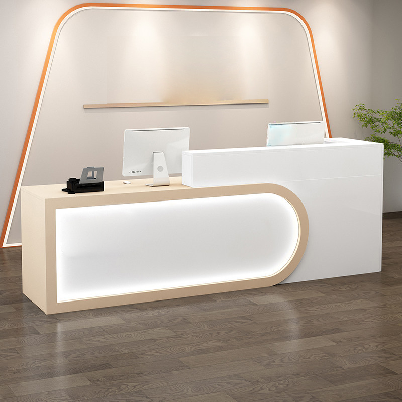 Modern U-shaped White + Beige Reception Desk With LED Linght for Salon