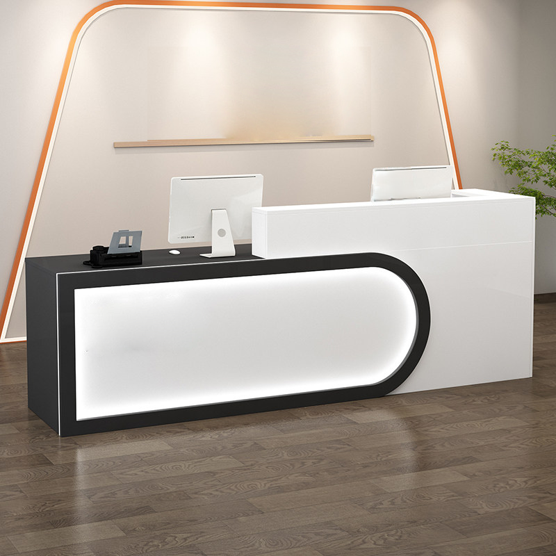 Modern U-shaped White + Black Reception Desk With LED Linght for Salon