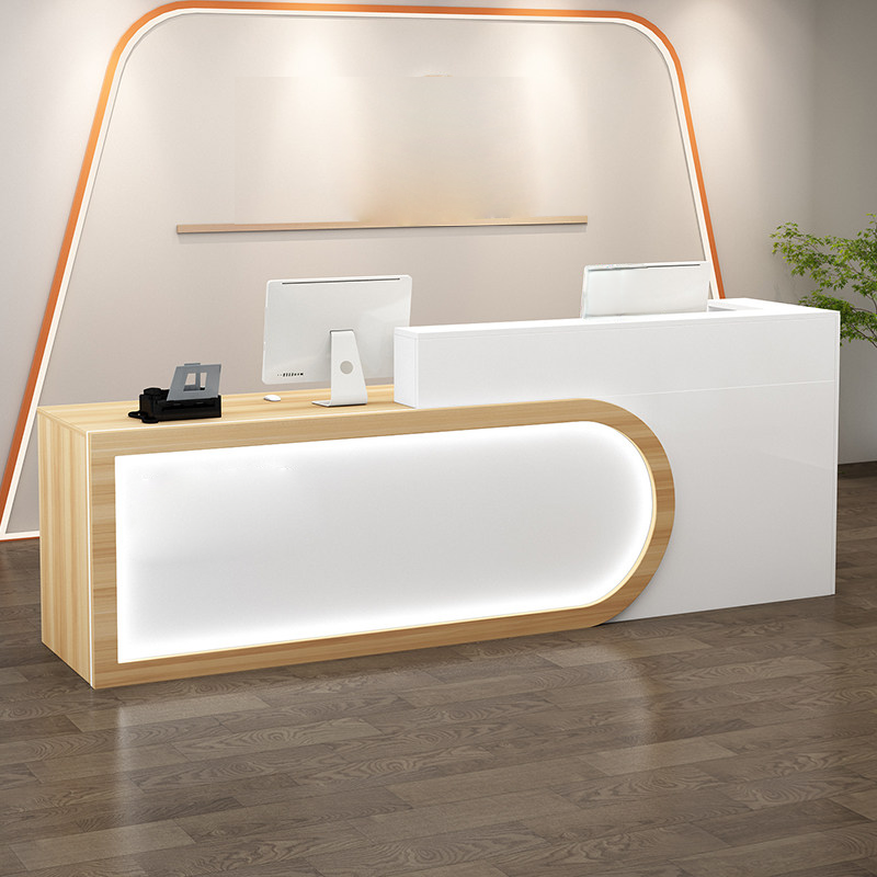 Modern U-shaped White + Natural Reception Desk With LED Linght for Lobby