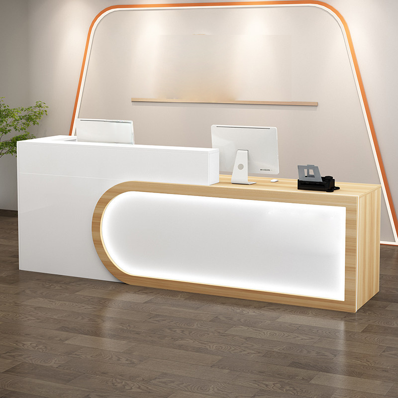 Modern U-shaped White + Natural Reception Desk With LED Linght for Salon