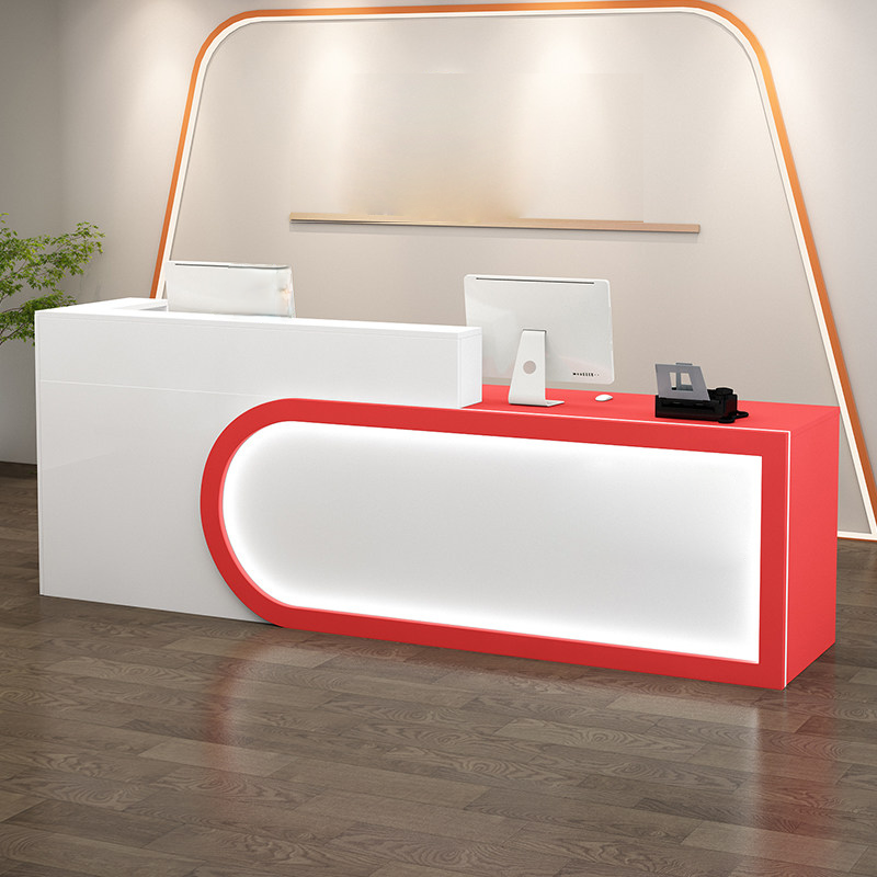 Modern U-shaped White + Red Reception Desk With LED Linght for Lobby
