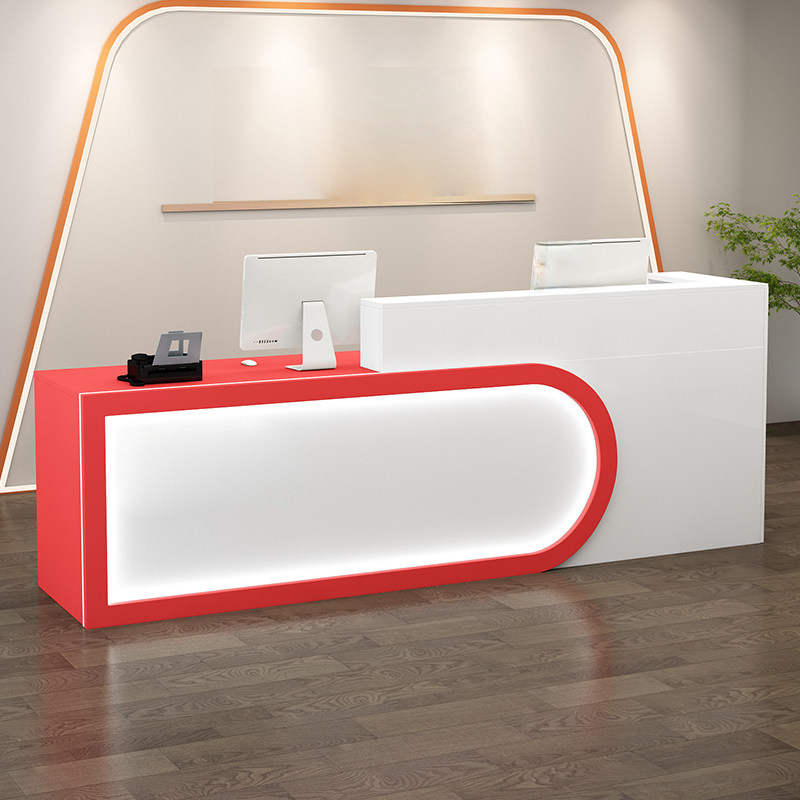 Modern U-shaped White + Red Reception Desk With LED Linght for Salon