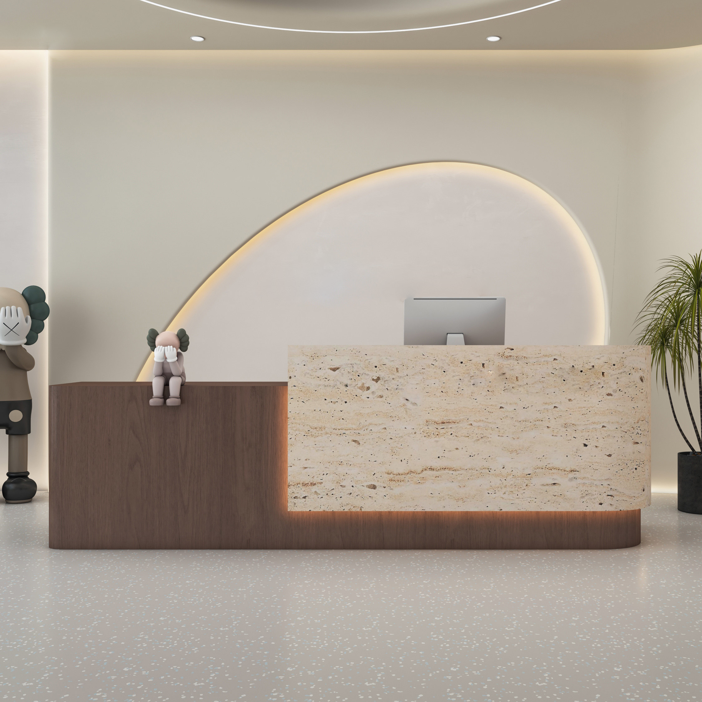 Modern Walnut Colour Reception Counter with Stone-Effect Decorative Finish for Lobby