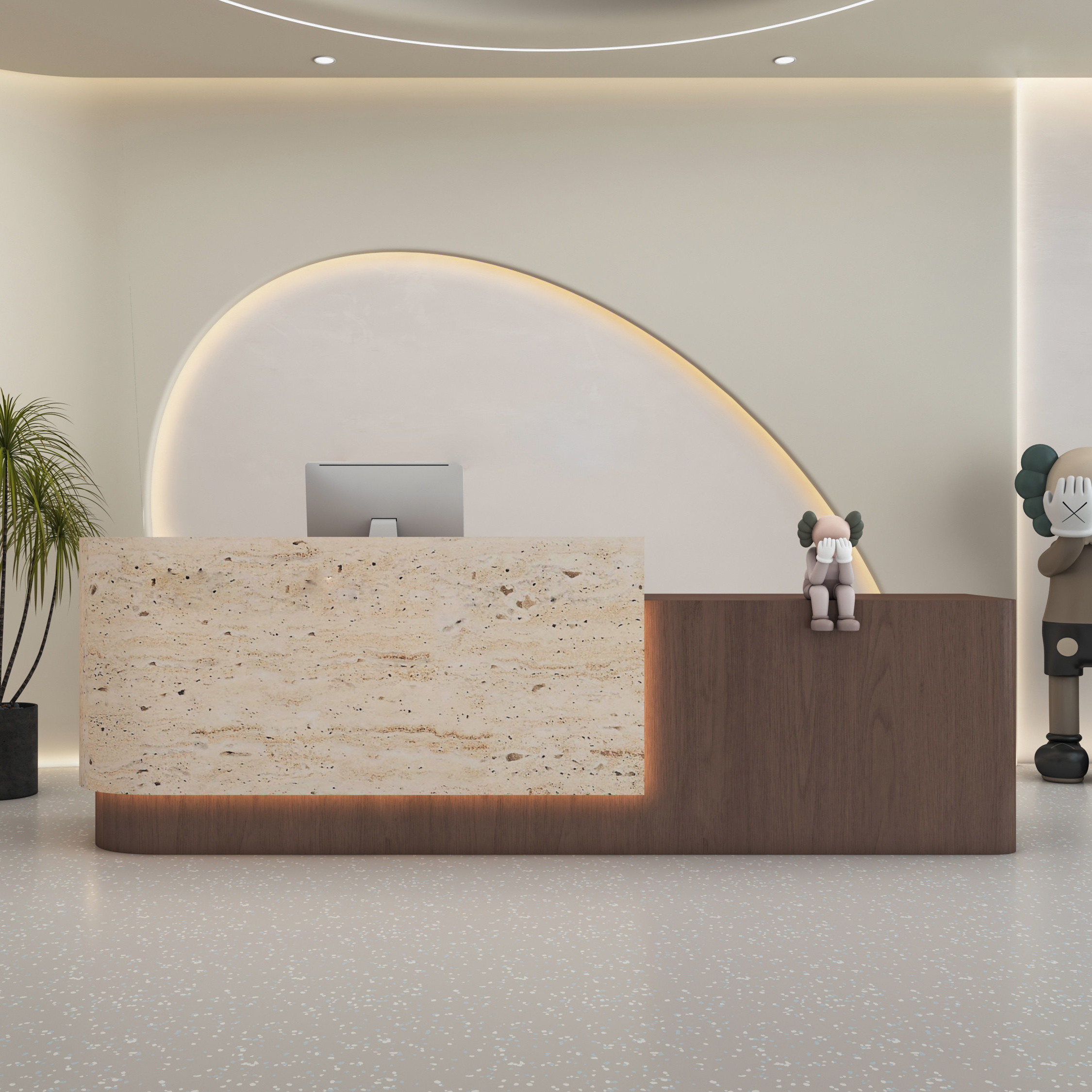 Modern Walnut Colour Reception Counter with Stone-Effect Decorative Finish for Salon