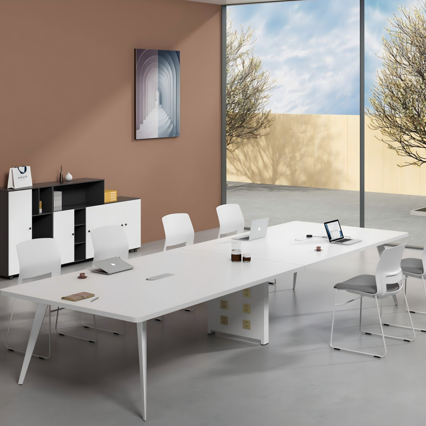 Modern White Conference Table with Integrated Power Outlets MT-034