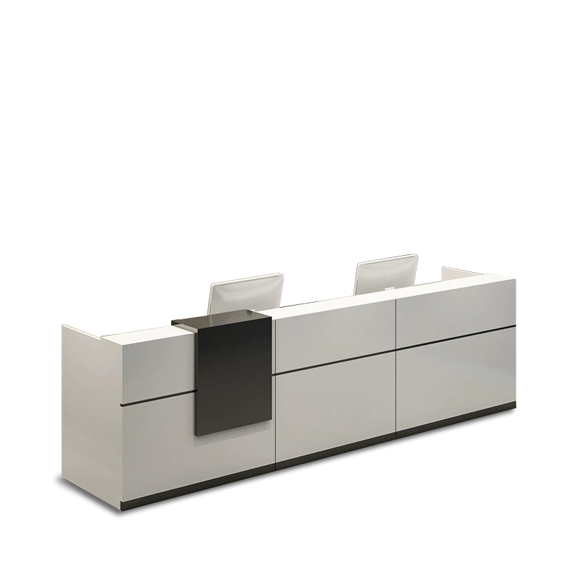 Modern White Dual Workstation Reception Desk with Black Trim and Storage