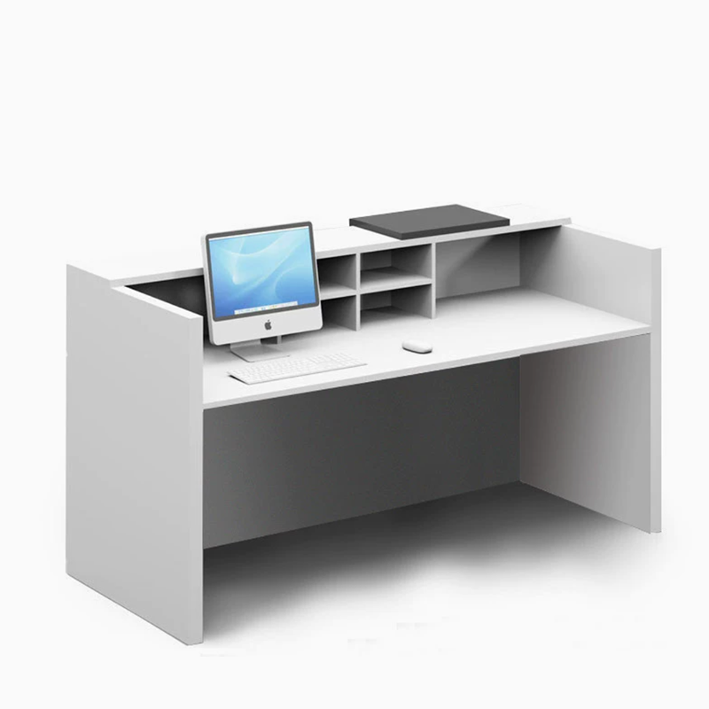 Modern White Dual Workstation Reception Desk with Black Trim and Storage for Lobby Internal diagram