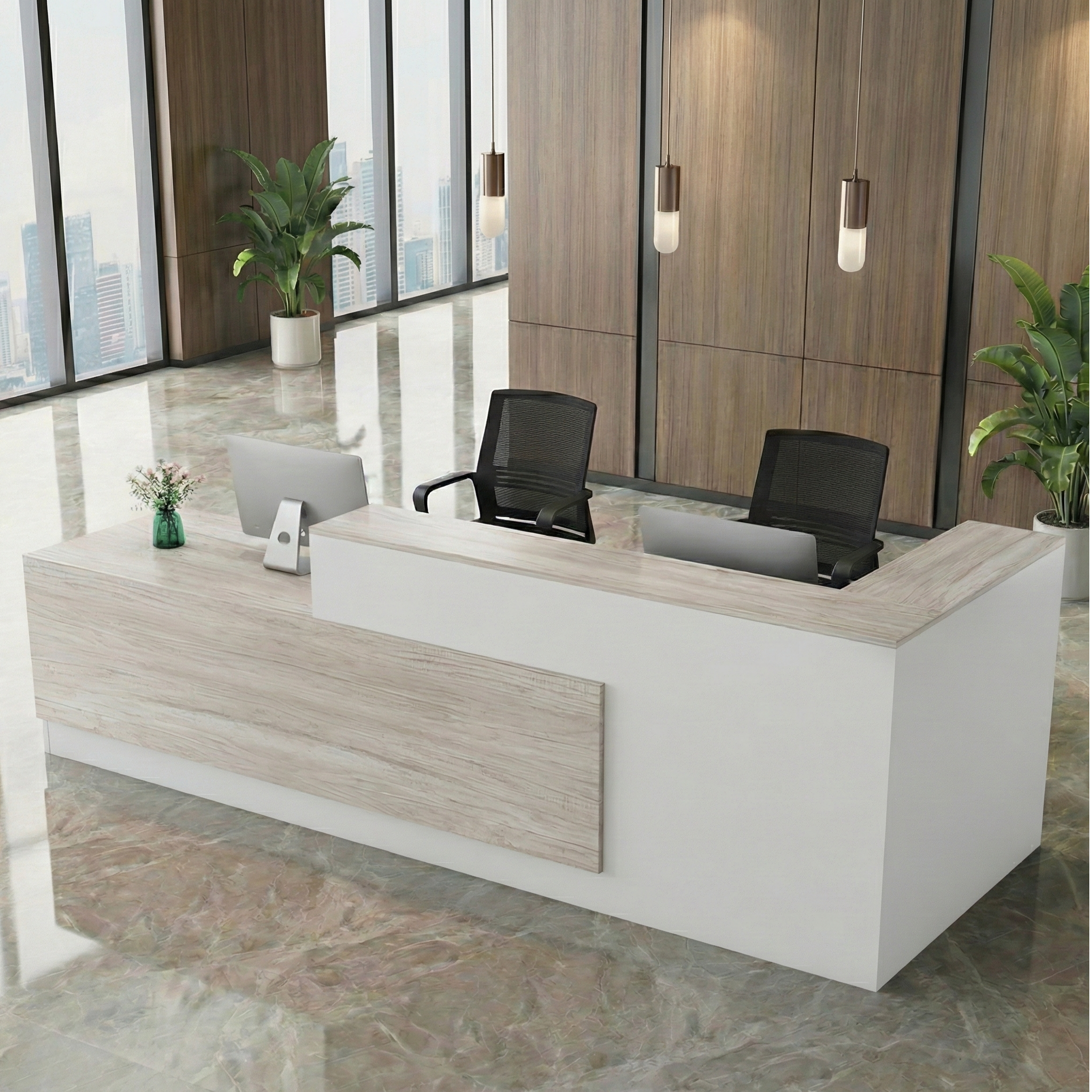 Modern White Reception Counter With     White Square Wood Grain Finish for Lobby