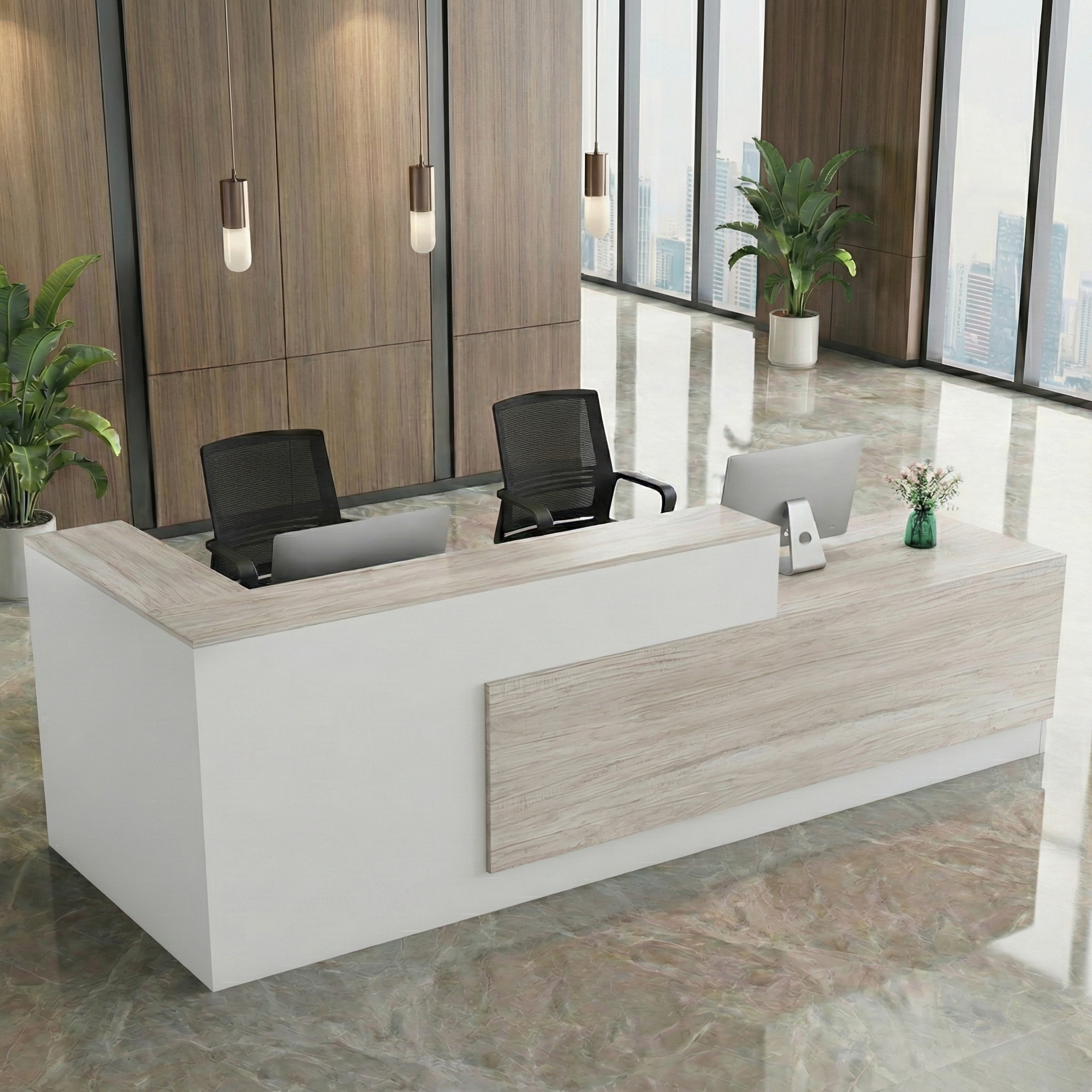 Modern White Reception Counter With     White Square Wood Grain Finish for Office