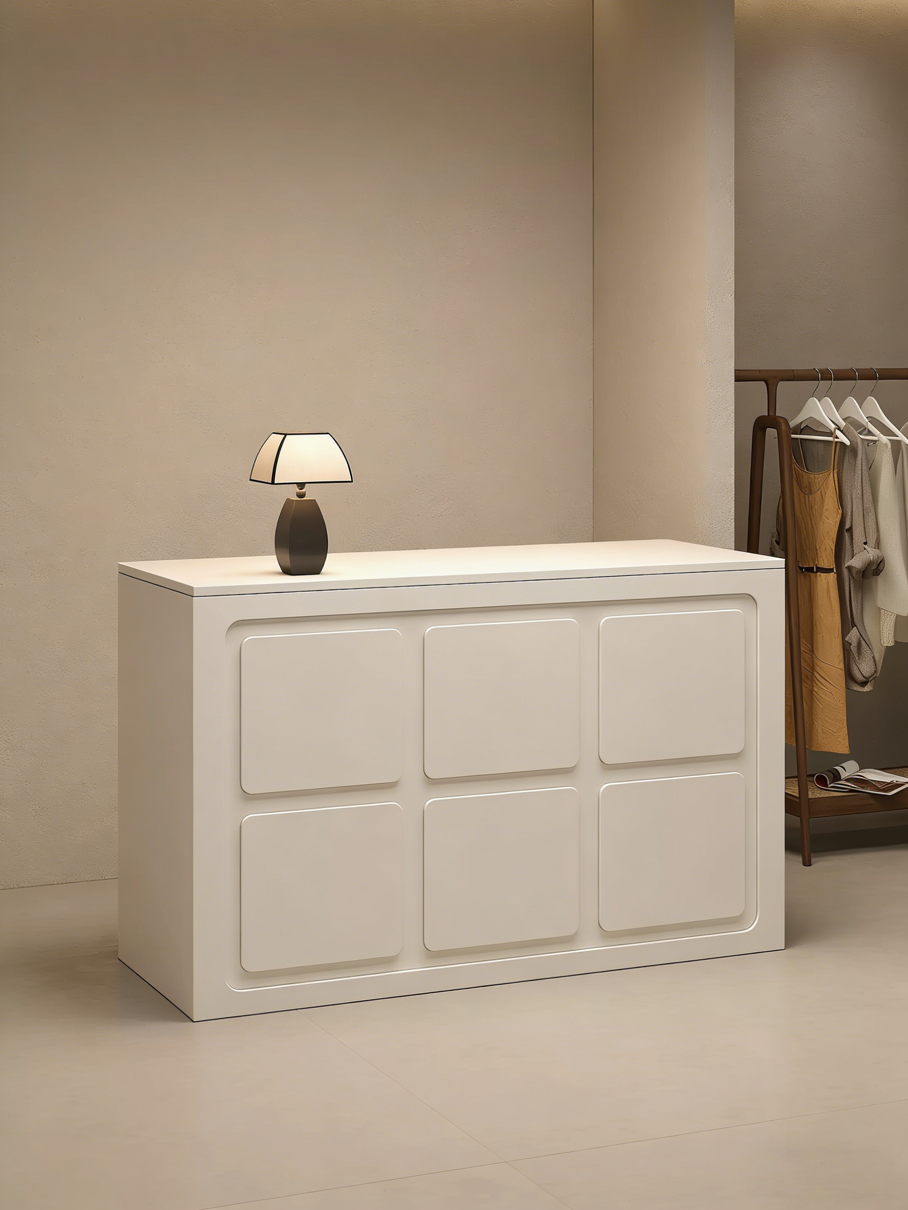 Modern White Reception Desk with Flat Panel Design for Clothing Store