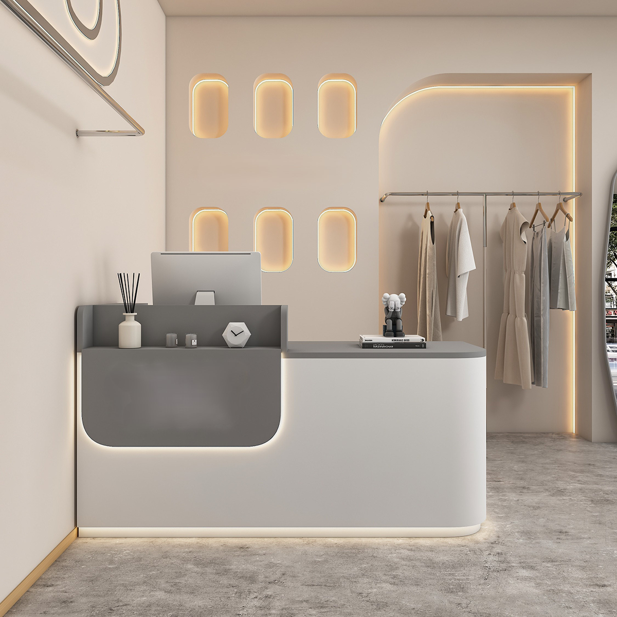 Modern Wood Grain Grey + White Reception Counter with LED Light for Clothing Shop