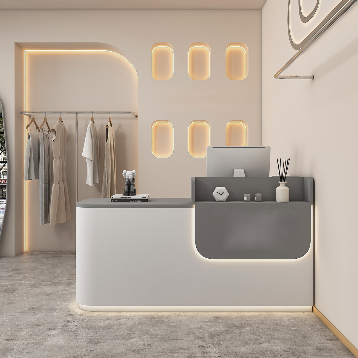 Modern Wood Grain Grey + White Reception Counter with LED Light for Salon