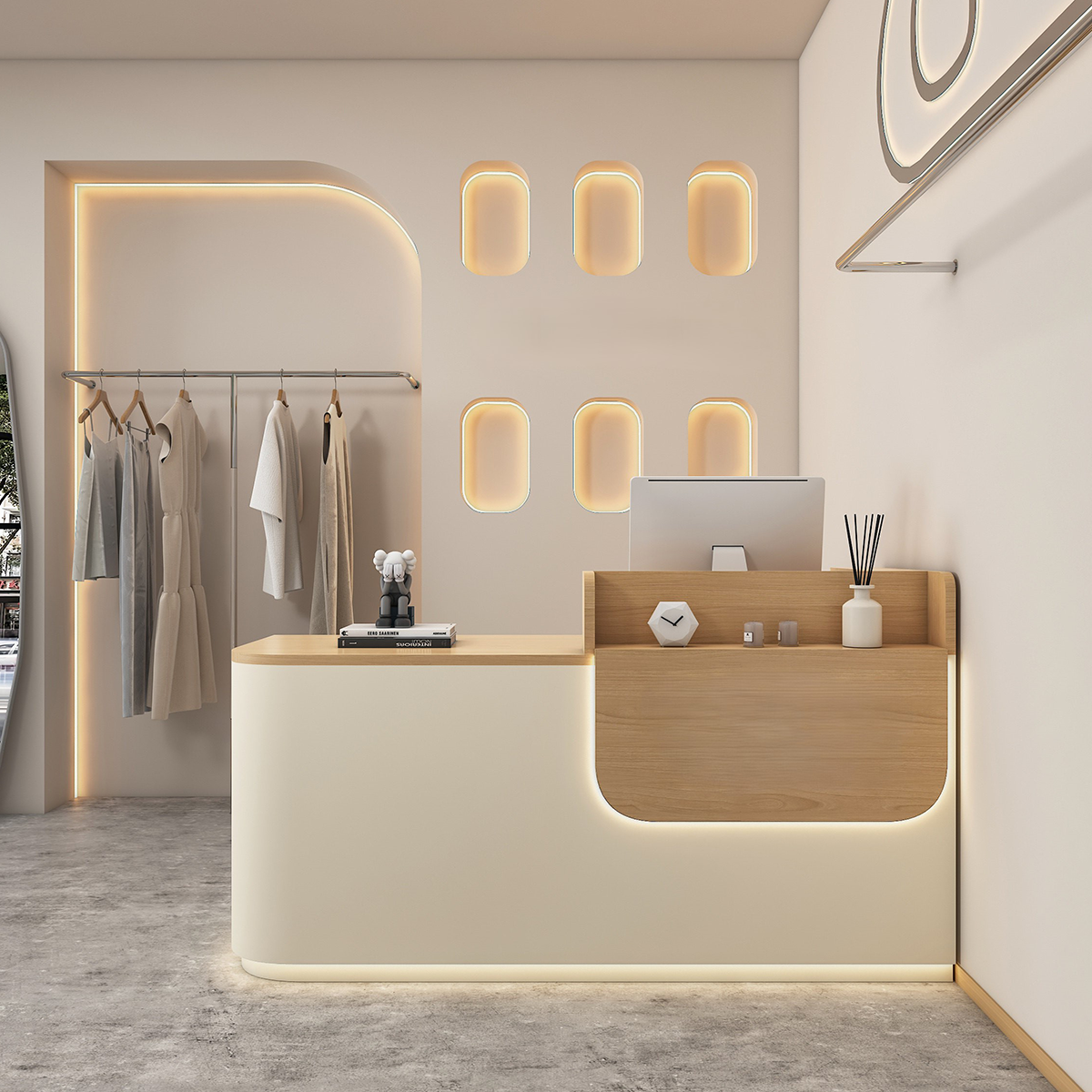 Modern Wood Grain Natural + Beige Reception Counter with LED Light for Clothing Shop