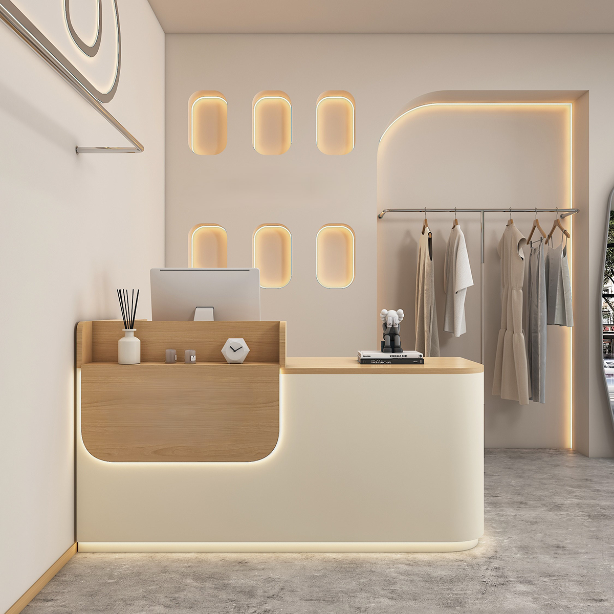 Modern Wood Grain Natural + Beige Reception Counter with LED Light for Salon
