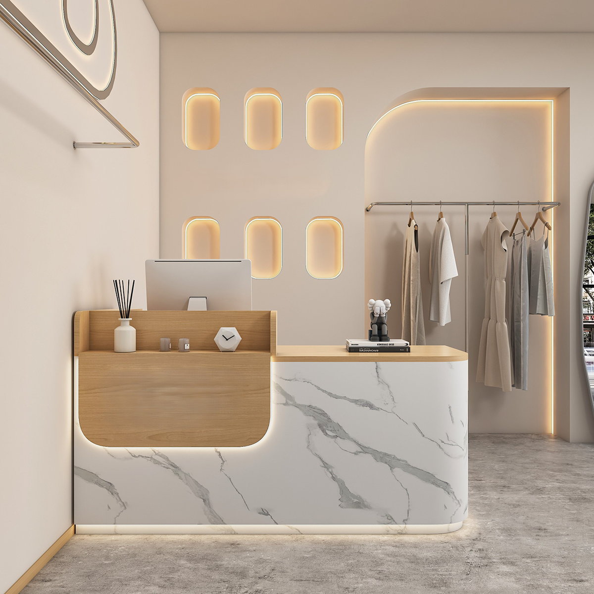 Modern Wood Grain Natural + White Marble Finish Reception Counter with LED Light for Salon
