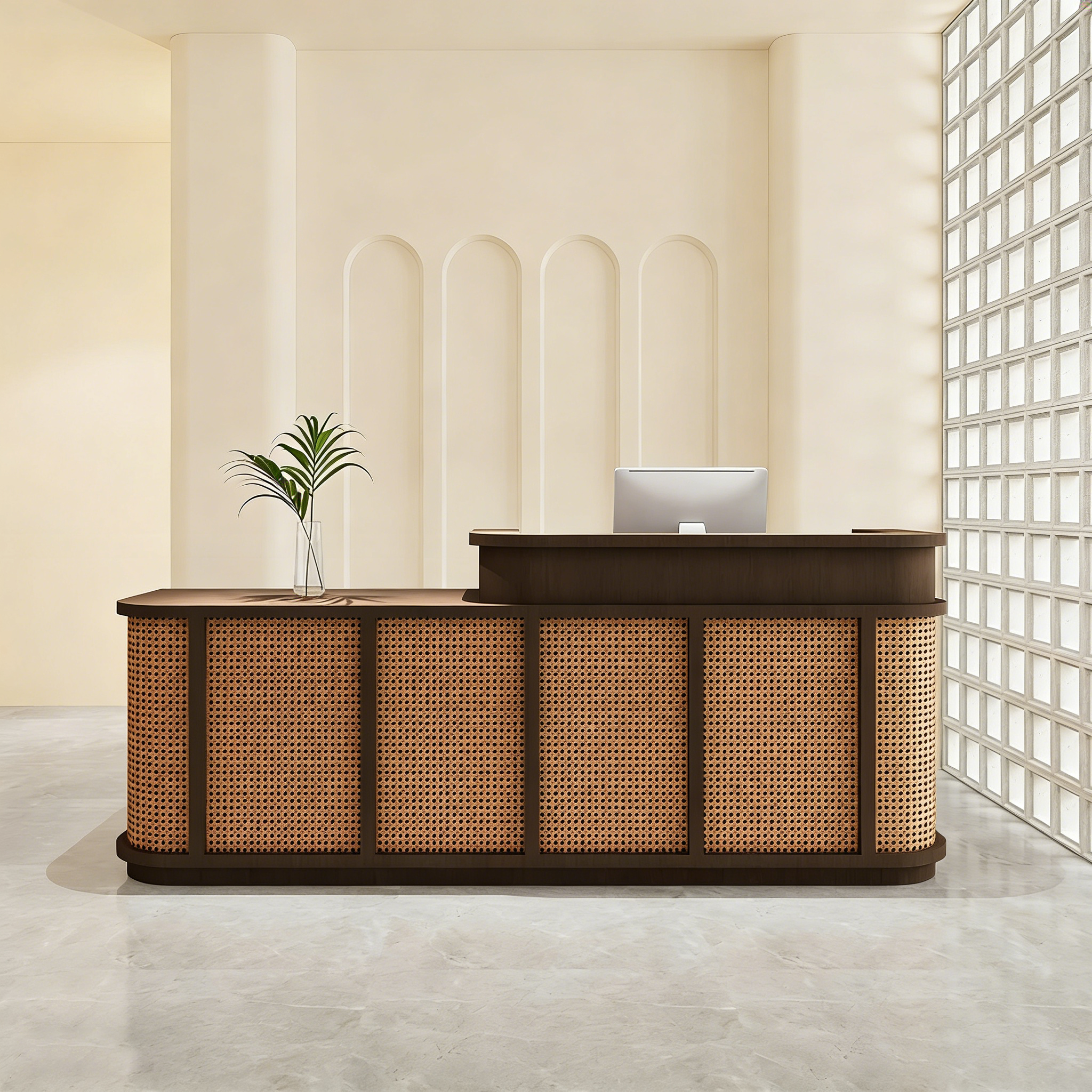 Natural Cane Style Dark Brown + Dark Cane Webbing Brown Reception Desk for Clothing Shop
