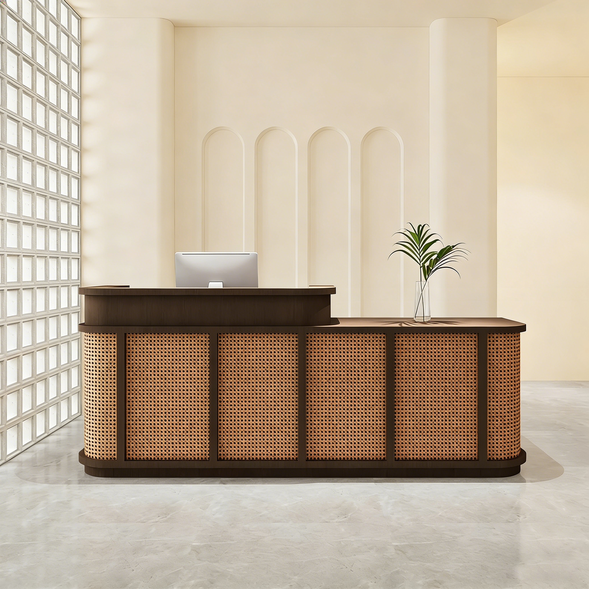 Natural Cane Style Dark Brown + Dark Cane Webbing Brown Reception Desk for Hotel
