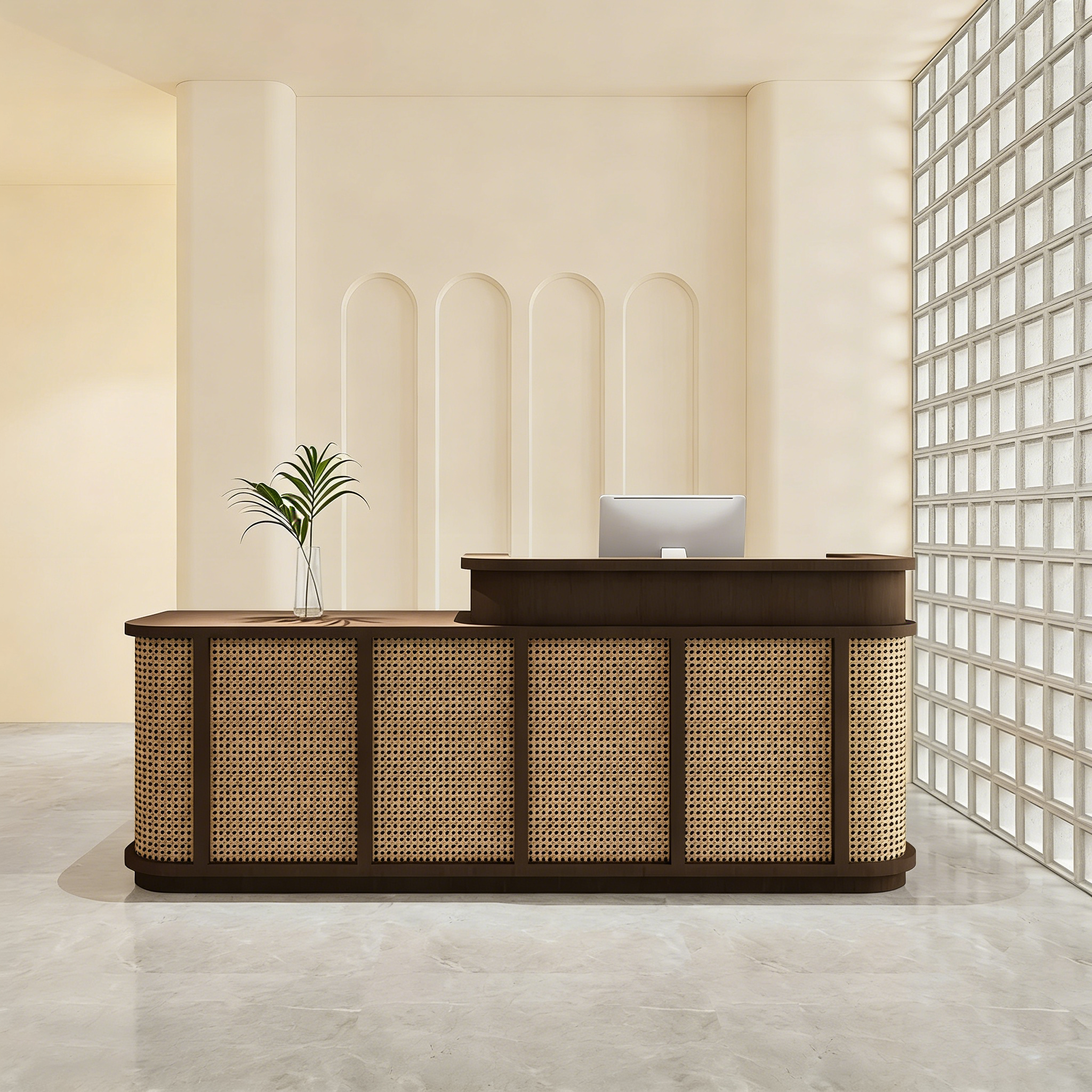 Natural Cane Style Dark Brown Webbing Brown Reception Desk for Clothing Shop