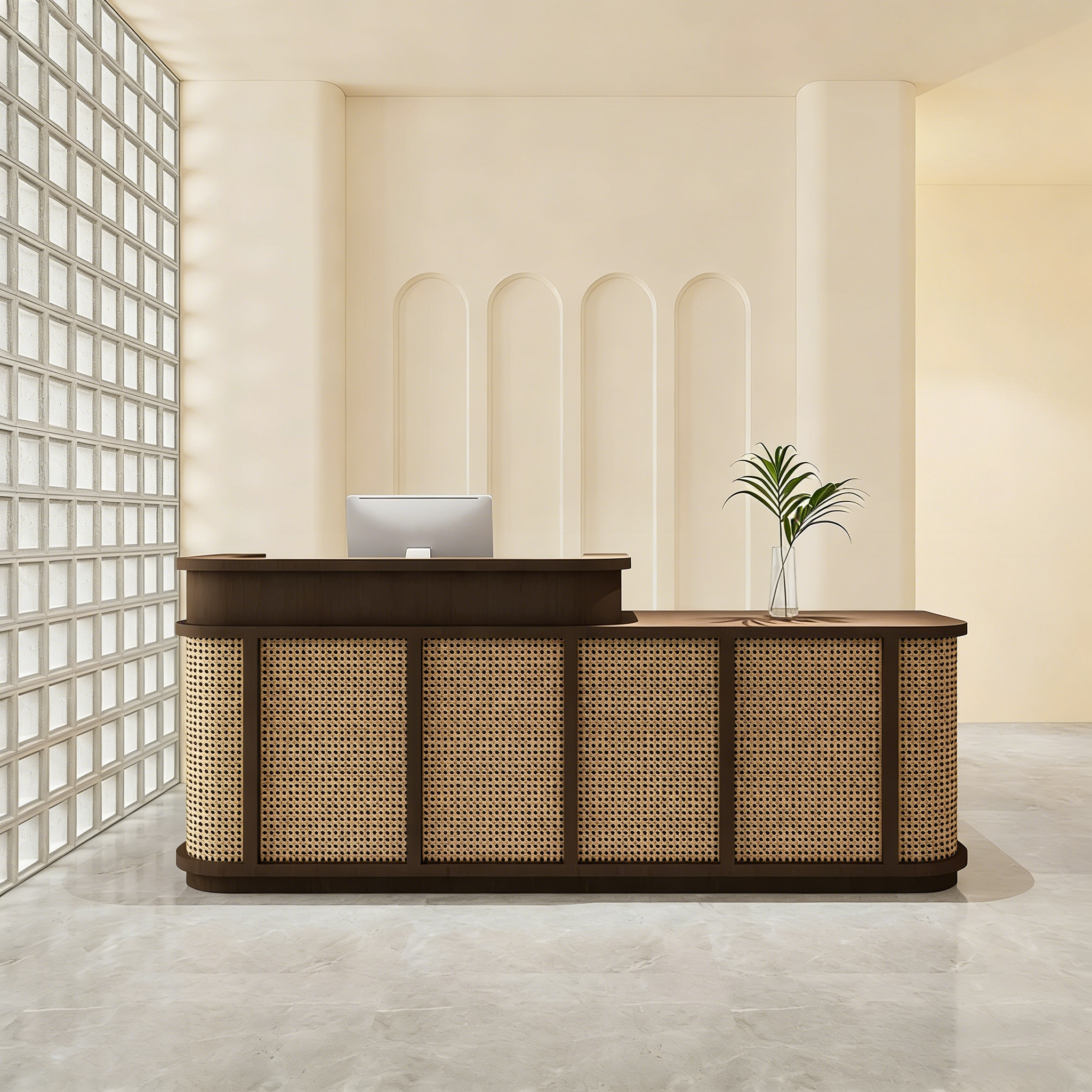 Natural Cane Style Dark Brown Webbing Brown Reception Desk for Hotel