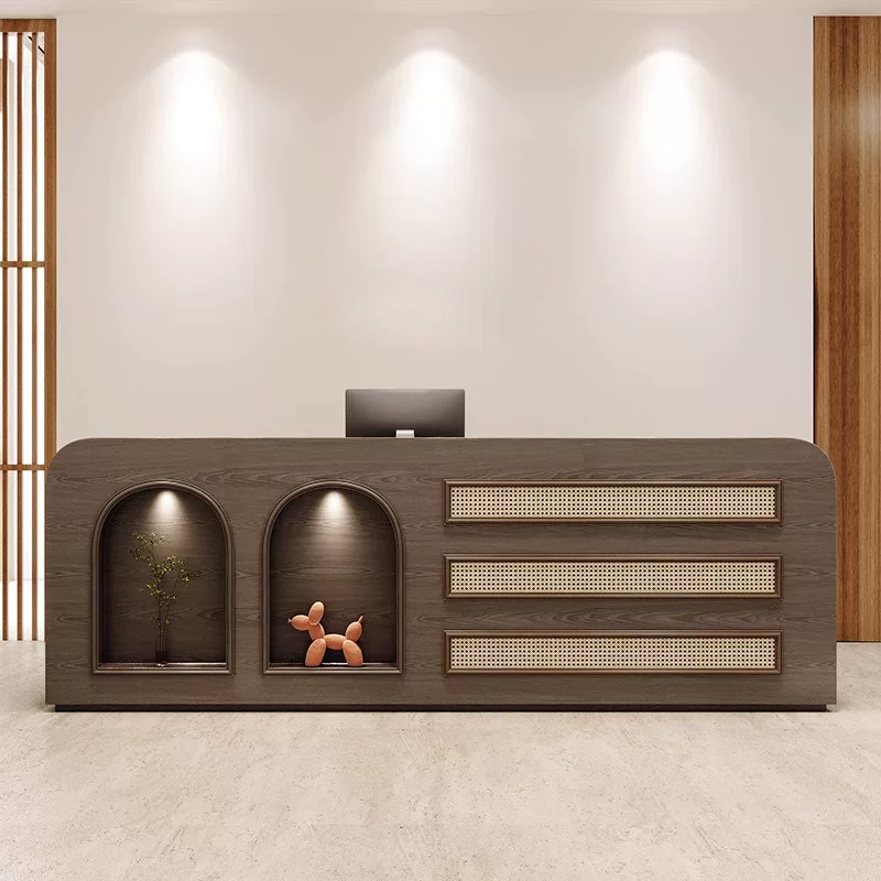 Natural Rattan Style Brown Reception Desk with LED Spotlight for Hotel