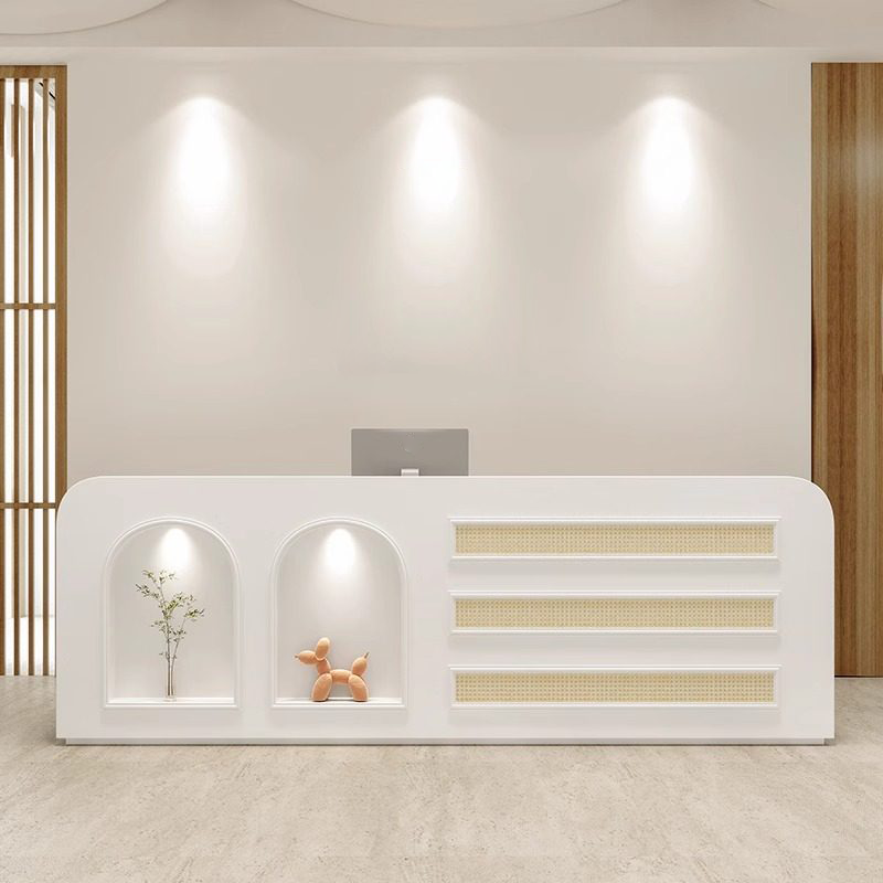Natural Rattan Style White Reception Desk with LED Spotlight for Salon