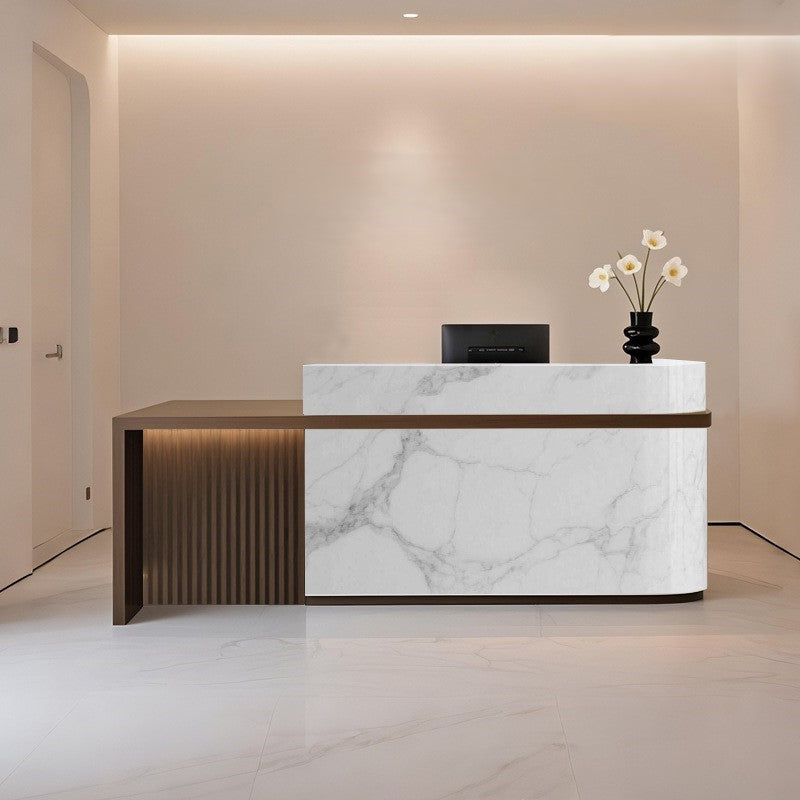 Natural Style White Marble + Espresso Reception Desk for Lobby