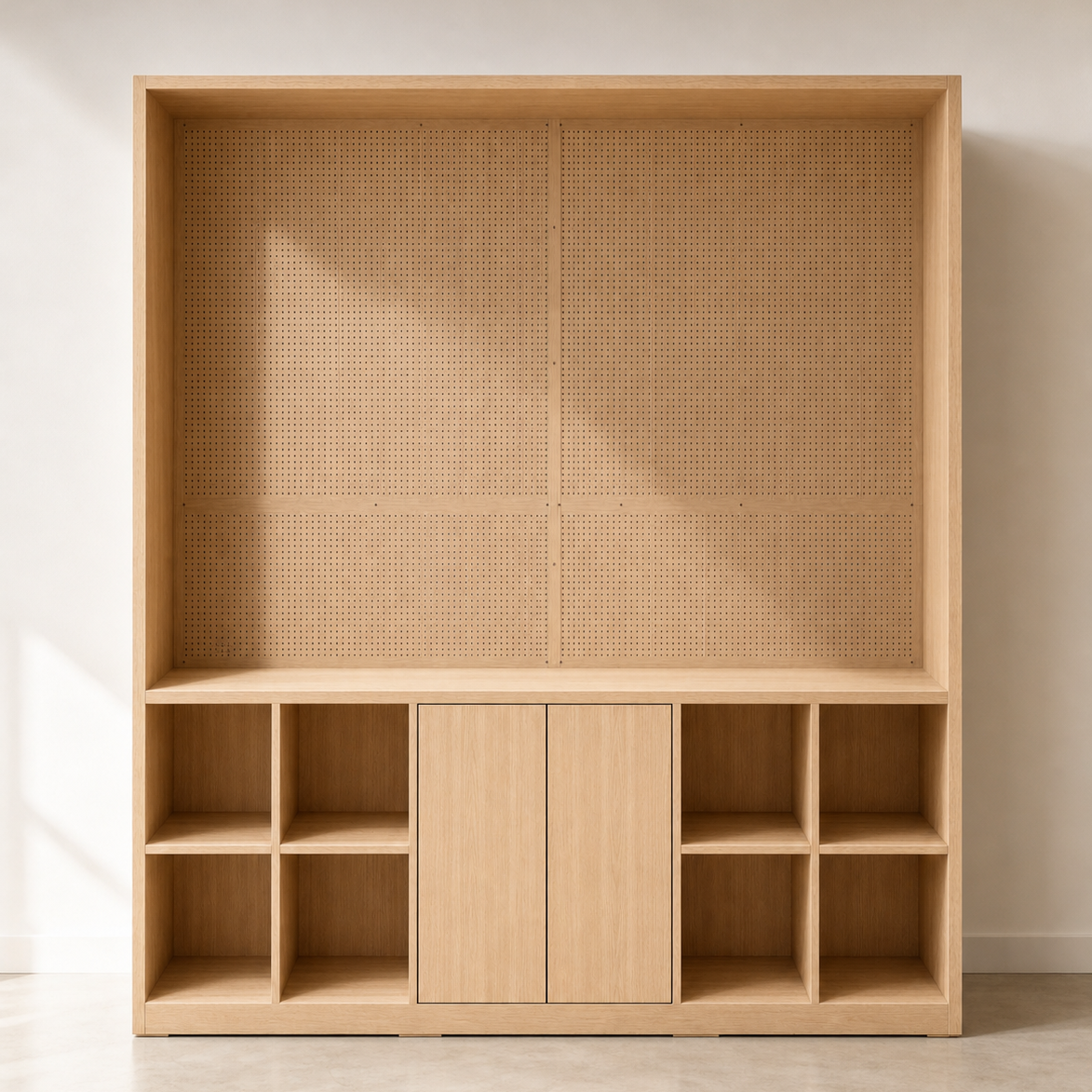 Natural Wood Pegboard Wall Display Cabinet with Storage Cubes DC-015