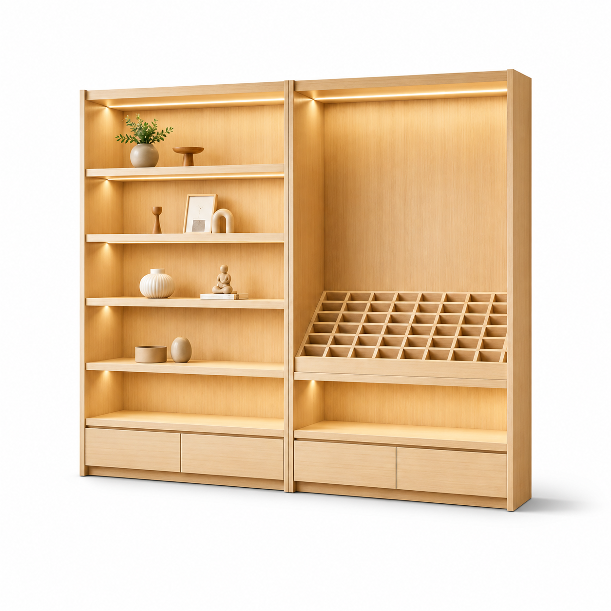 Natural Wood Shelf and Angled Grid Display Cabinet DC-014