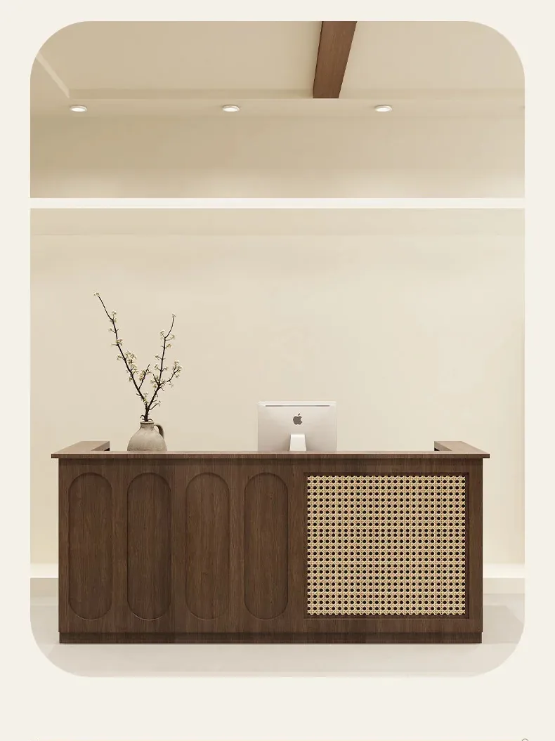 Wood-look reception desk with arched and rattan details