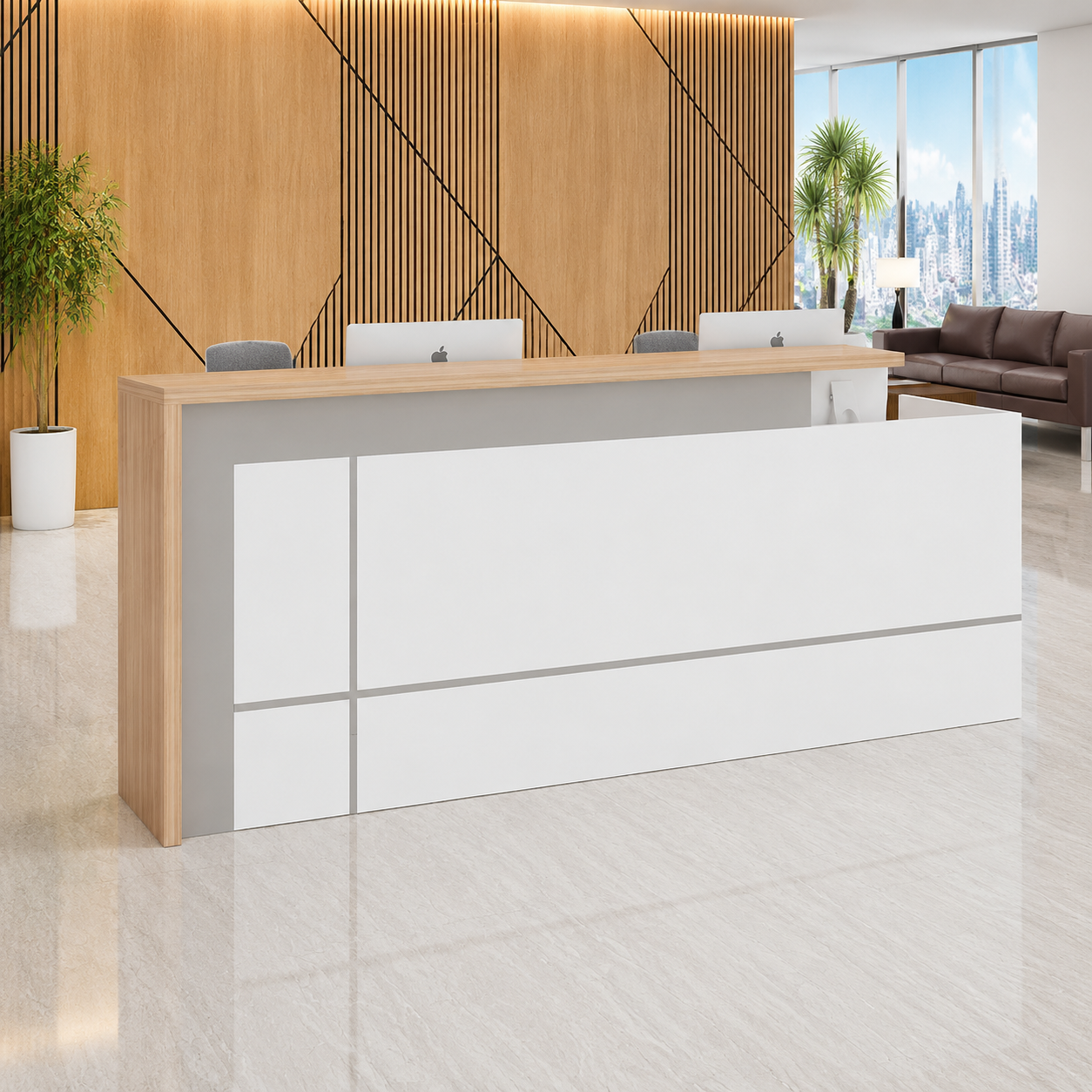 Modern Reception Desk with Geometric Front Panel and Wood Accent RD-263
