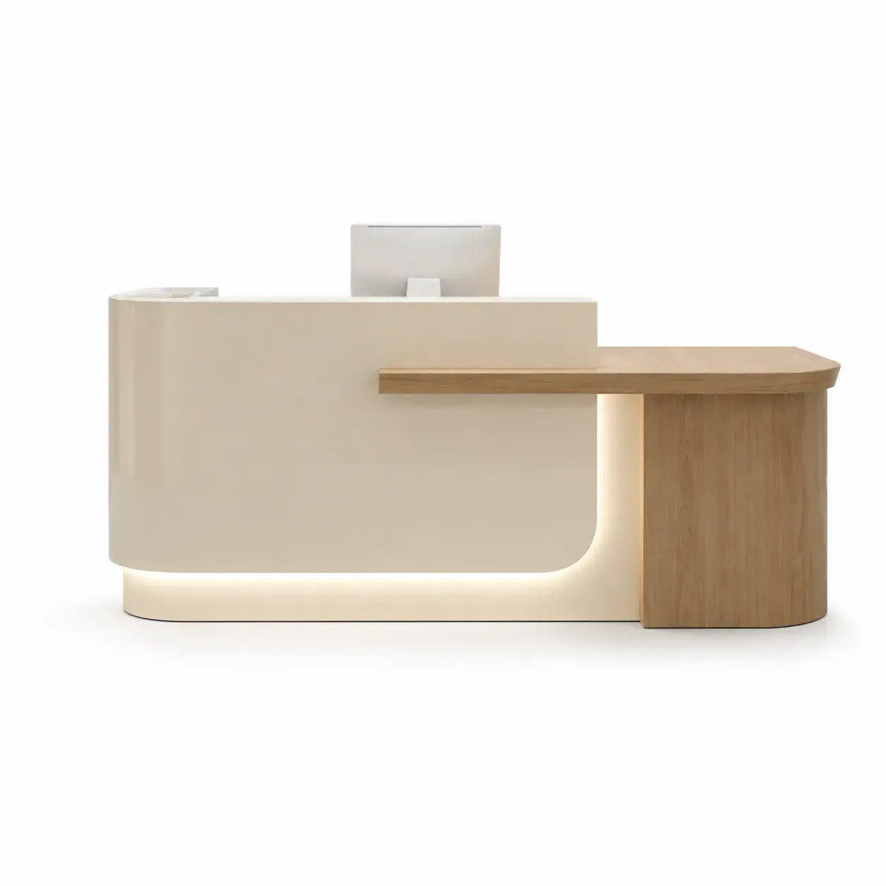 Hospitality Modern Curved Reception Desk with Wood Side Cabinet and LED Base Lighting RD-264