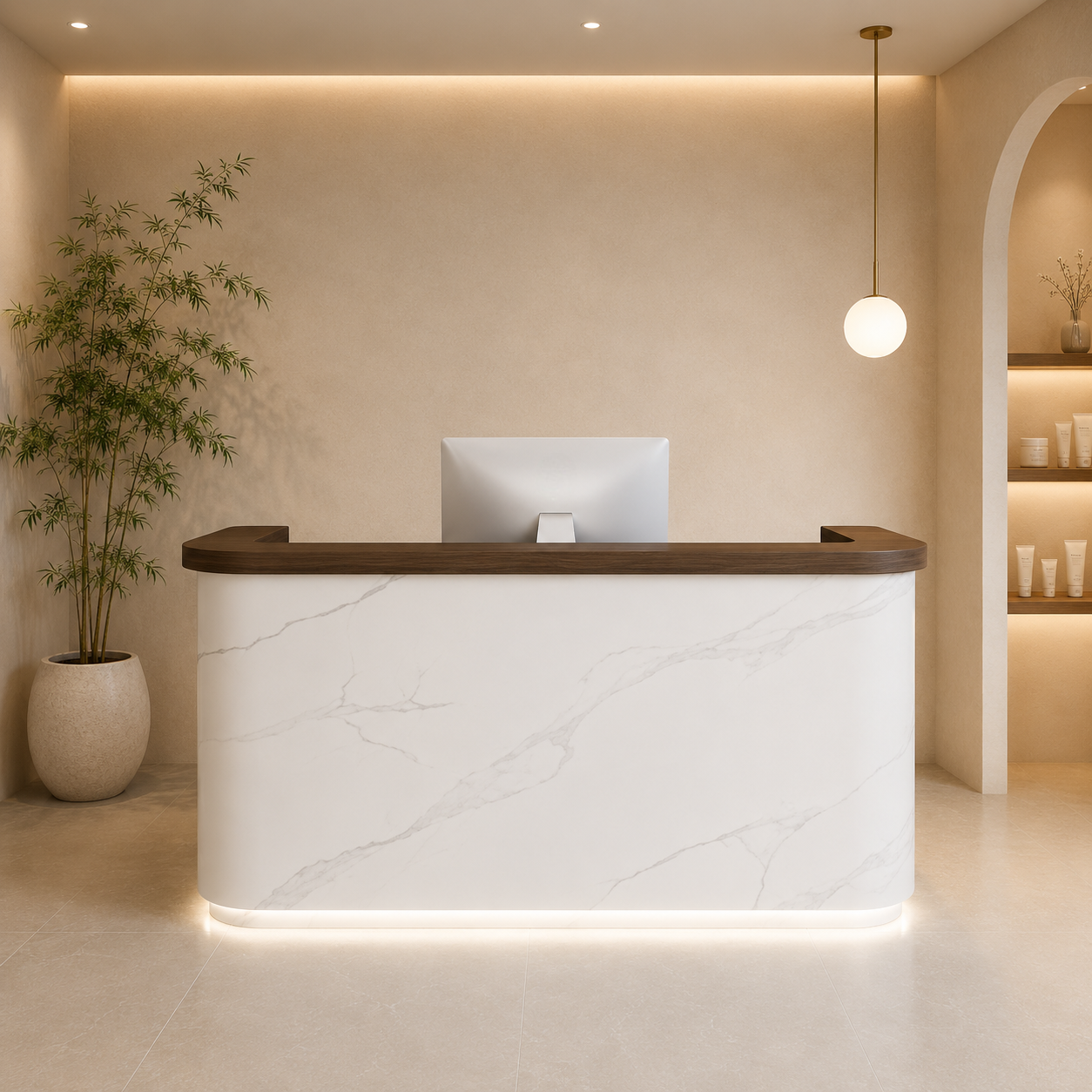 Modern Reception Desk with Stone Texture Front and Wood Accent RD-278