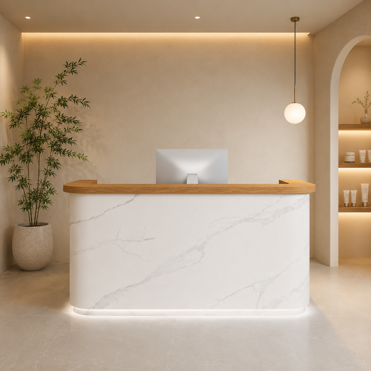 Modern Reception Desk with Stone Texture Front and Wood Accent RD-278
