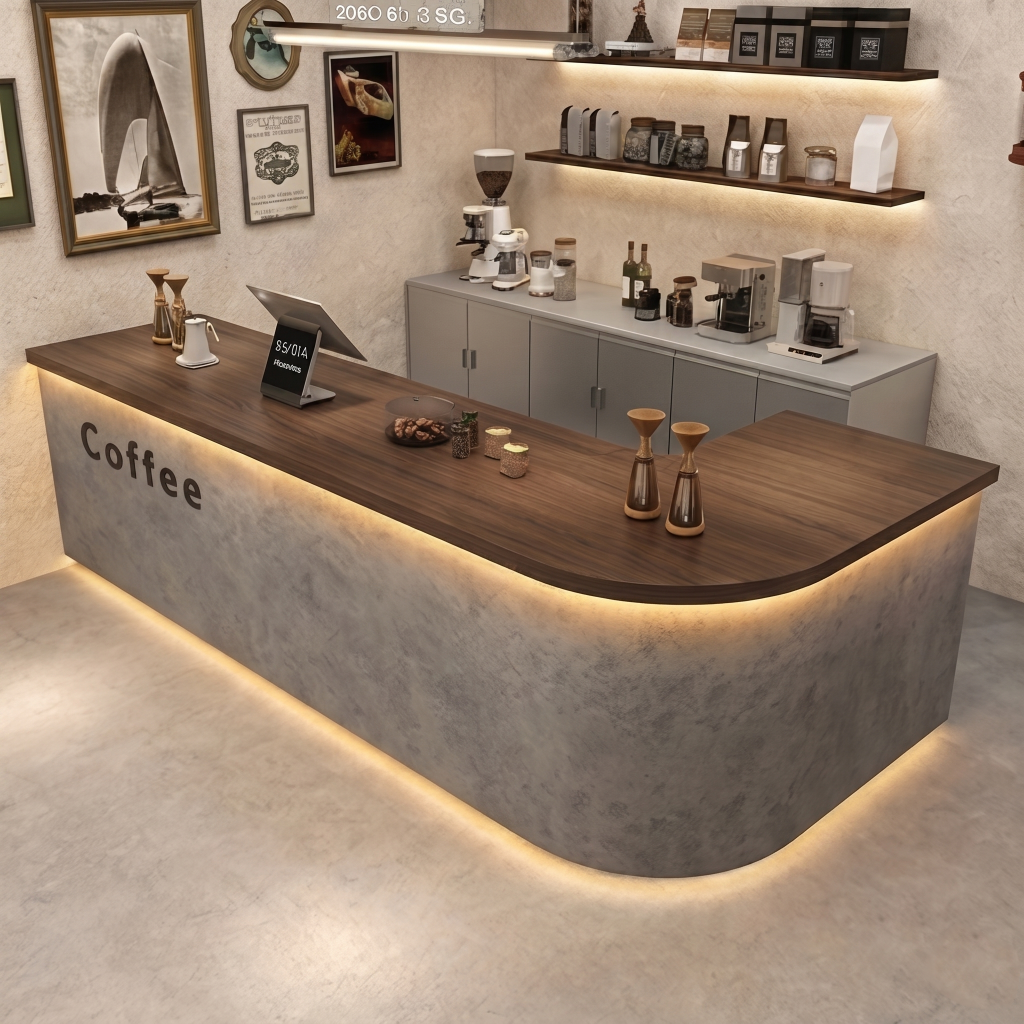 Modern Coffee Bar Counter with Stone Texture Front and LED Lighting RD-282