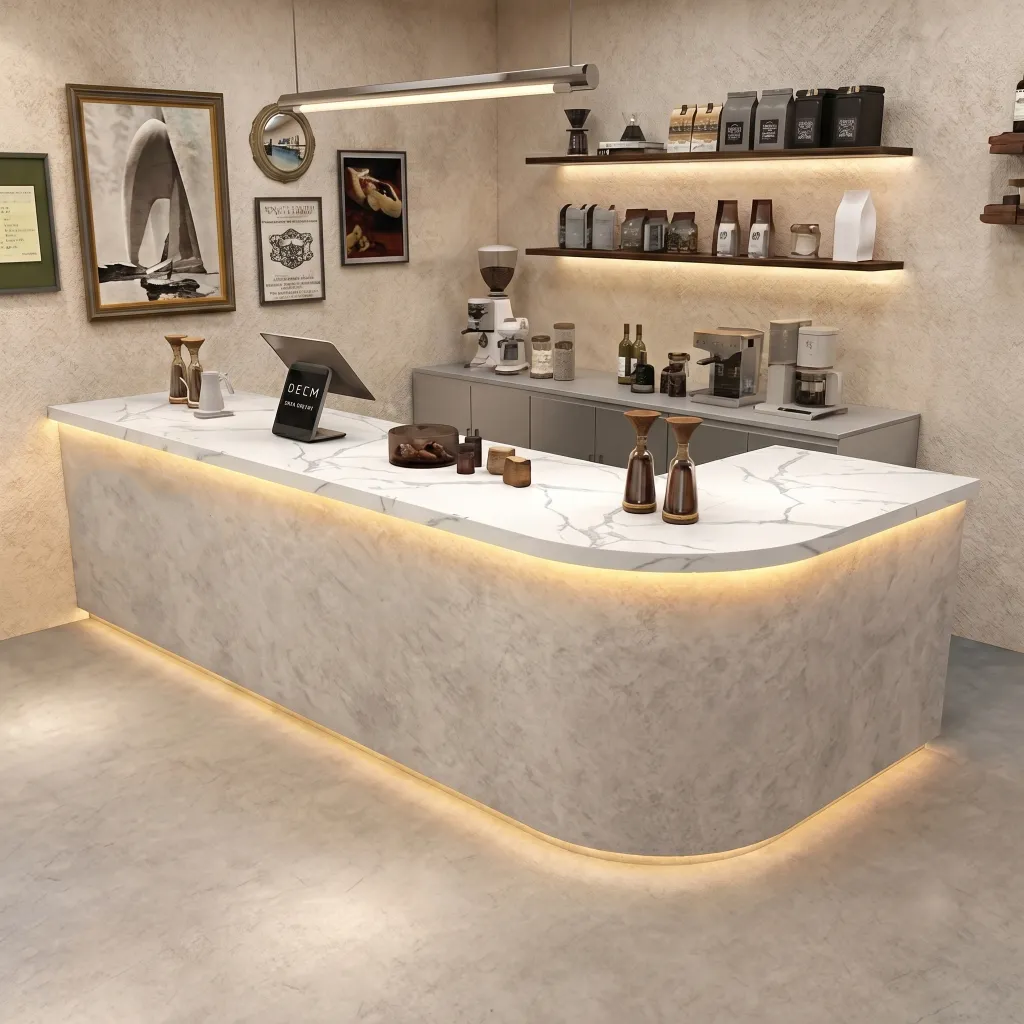 Modern Coffee Bar Counter with Stone Texture Front and LED Lighting RD-282