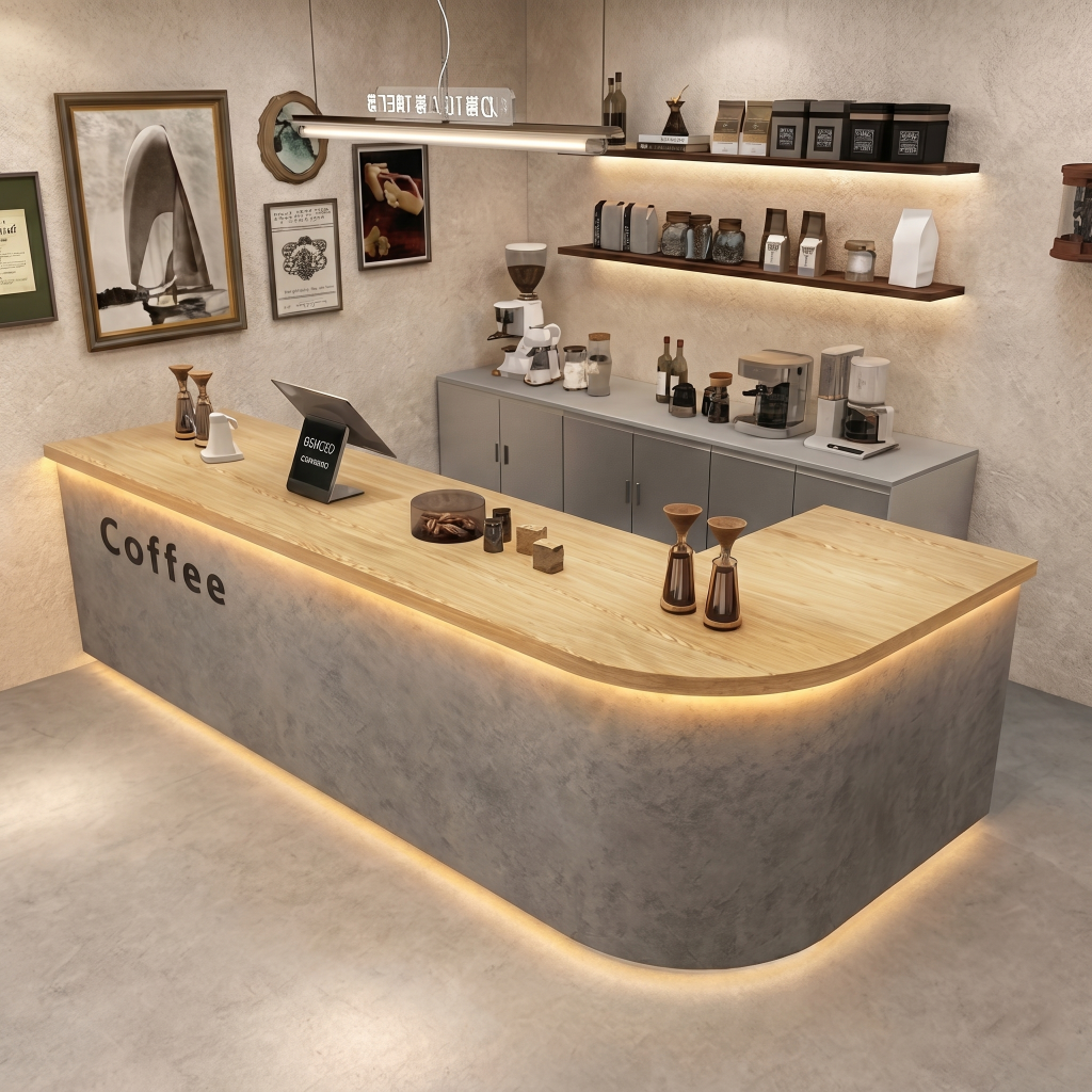 Modern Coffee Bar Counter with Stone Texture Front and LED Lighting RD-282