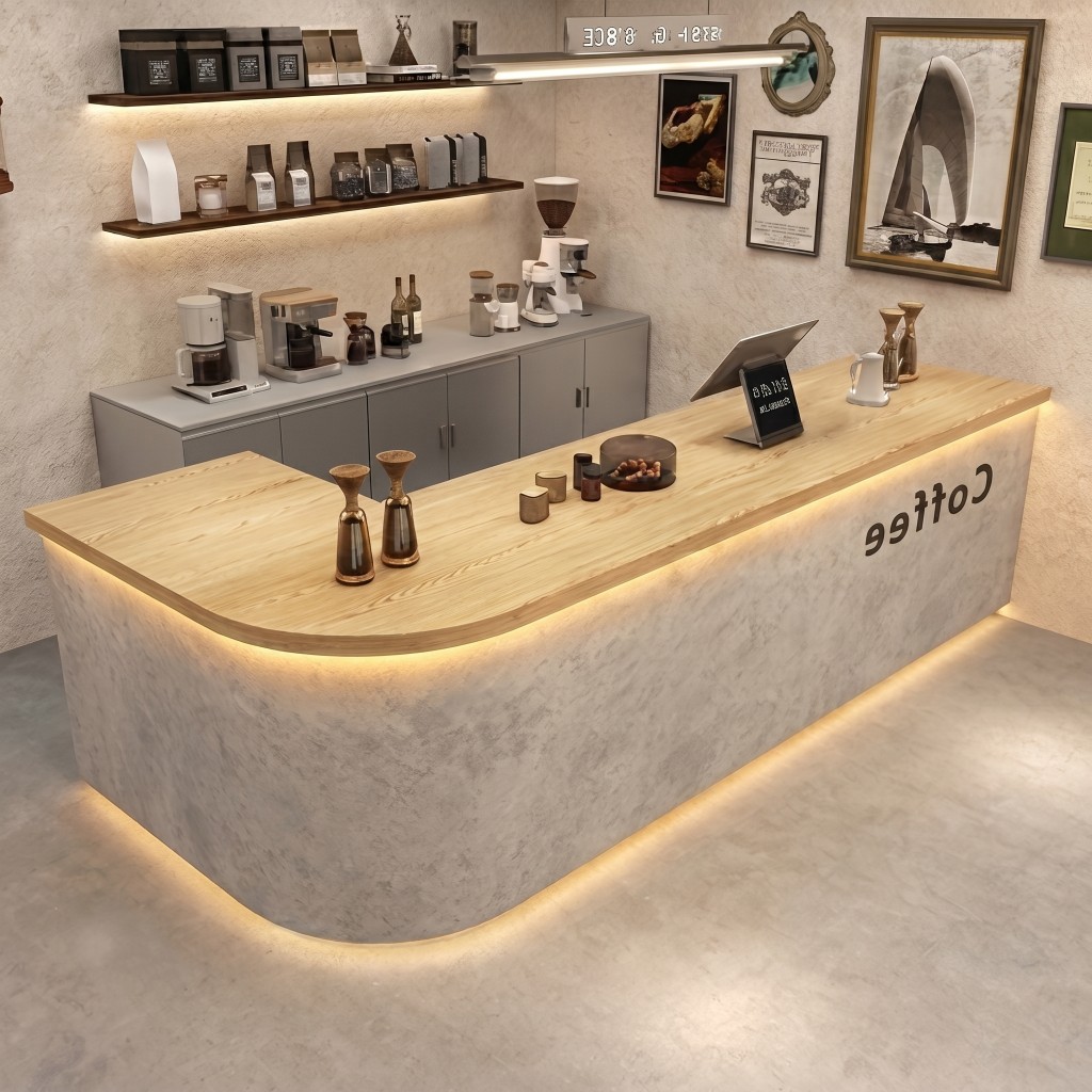 Modern Coffee Bar Counter with Stone Texture Front and LED Lighting RD-282