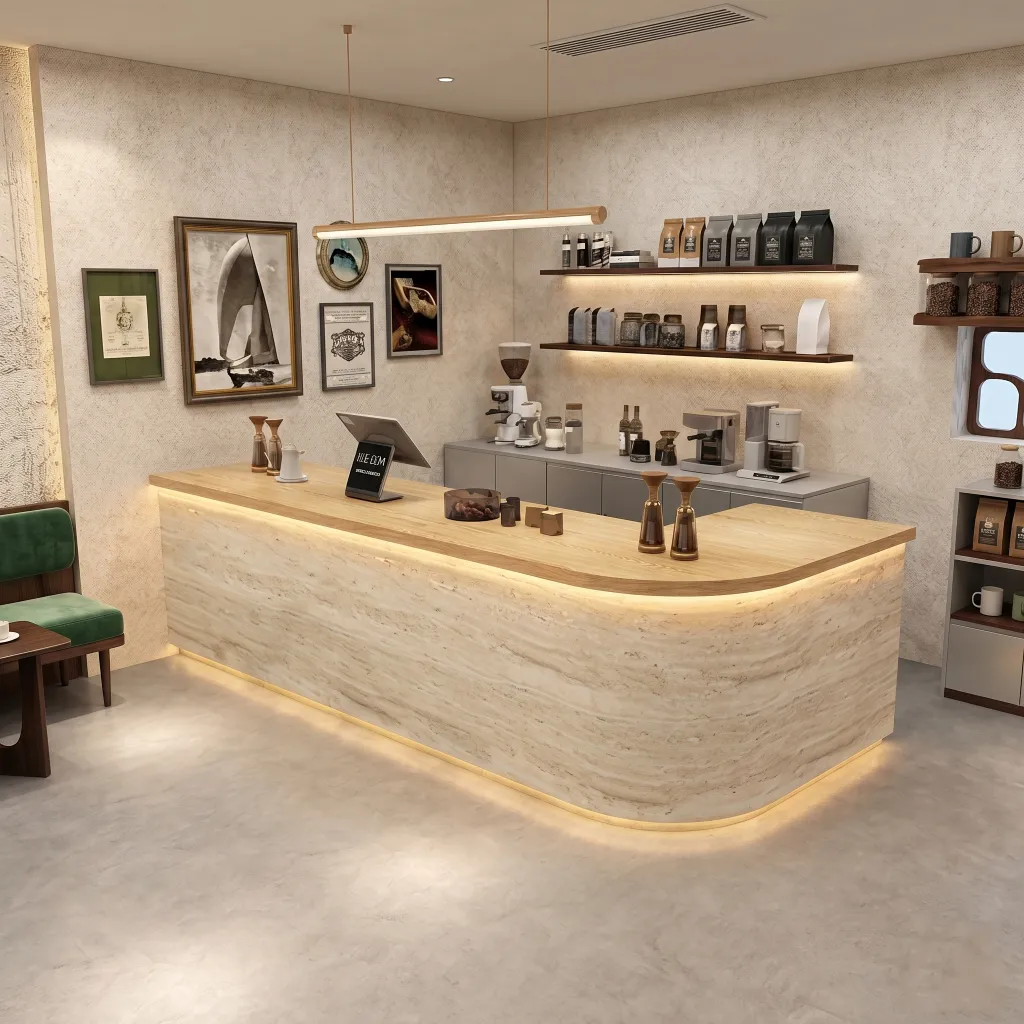 Modern Coffee Bar Counter with Stone Texture Front and LED Lighting RD-282