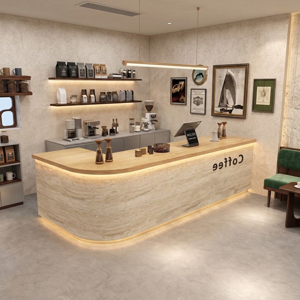 Modern Coffee Bar Counter with Stone Texture Front and LED Lighting RD-282